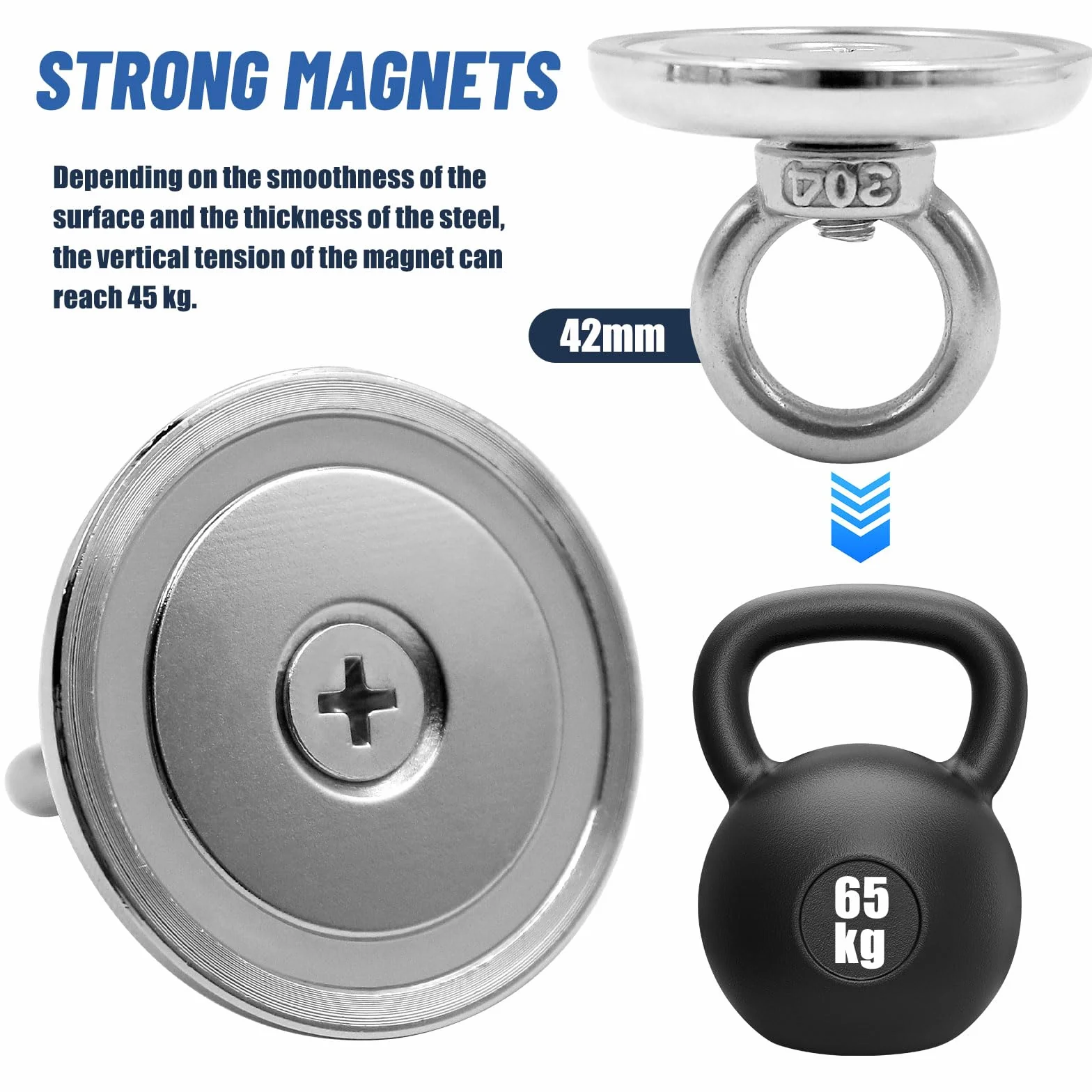 Imanes Neodimio Potentes Redondo 42mm 65Kg Fuerza Tracción Perno Ojo Elevación 2 Piezas