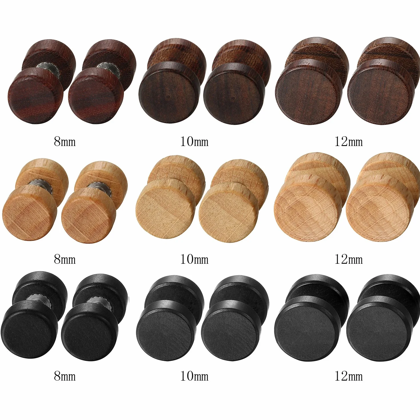 JewelryWe 1 Par Pendientes Madera Acero Inoxidable Pendientes Studs Pequeños de Hombre Mujer Unisex, Marrón Aretes Redondos de Tapones Pendientes 8-10mm