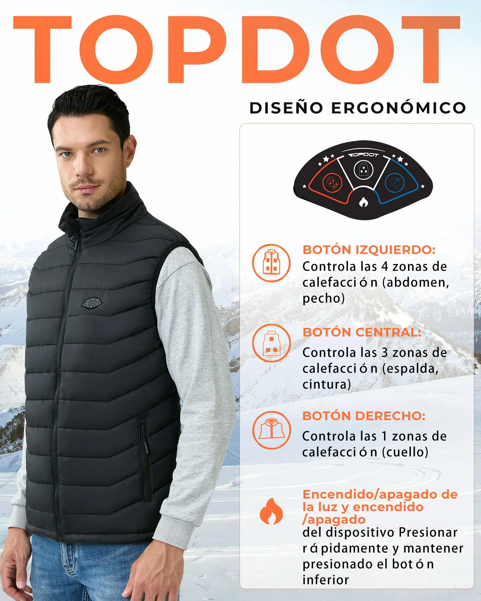 Topdot Chaleco Calefactable Hombre, Chaleco Calefacción Eléctrica con Batería de 7.4V 16000mAh Incluidas, 8 Zonas de Calentamiento, Chalecos de Invierno Cálidos para Exteriores, Senderismo, Acampada