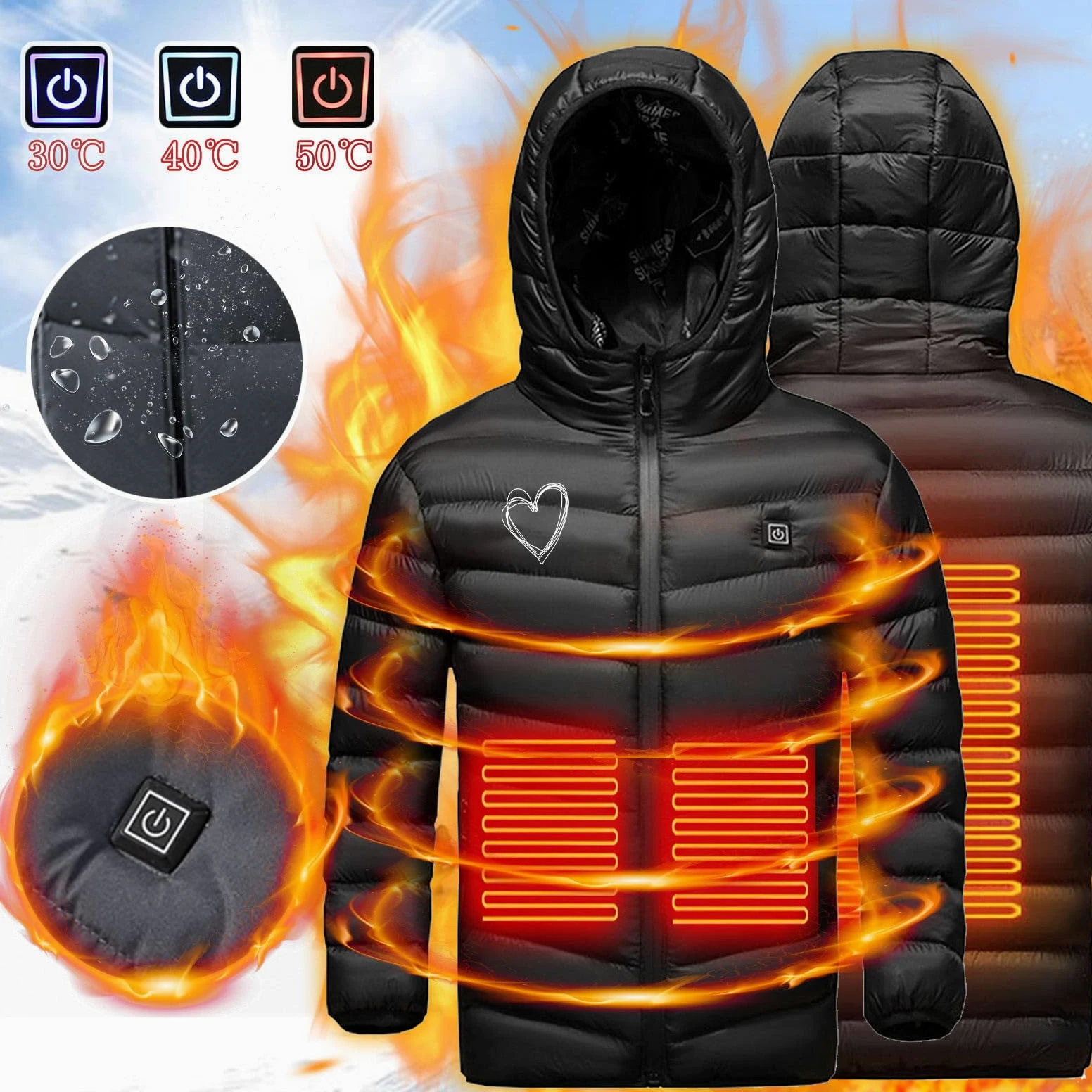 Chaqueta Calentada Niños Niñas Chaqueta de Plumas Calefactable Chaleco Calefacción Inteligente Calefactor 3 Zonas Acampar Actividades al Aire Libre para Invierno al Aire Libre, Esquí, Camping