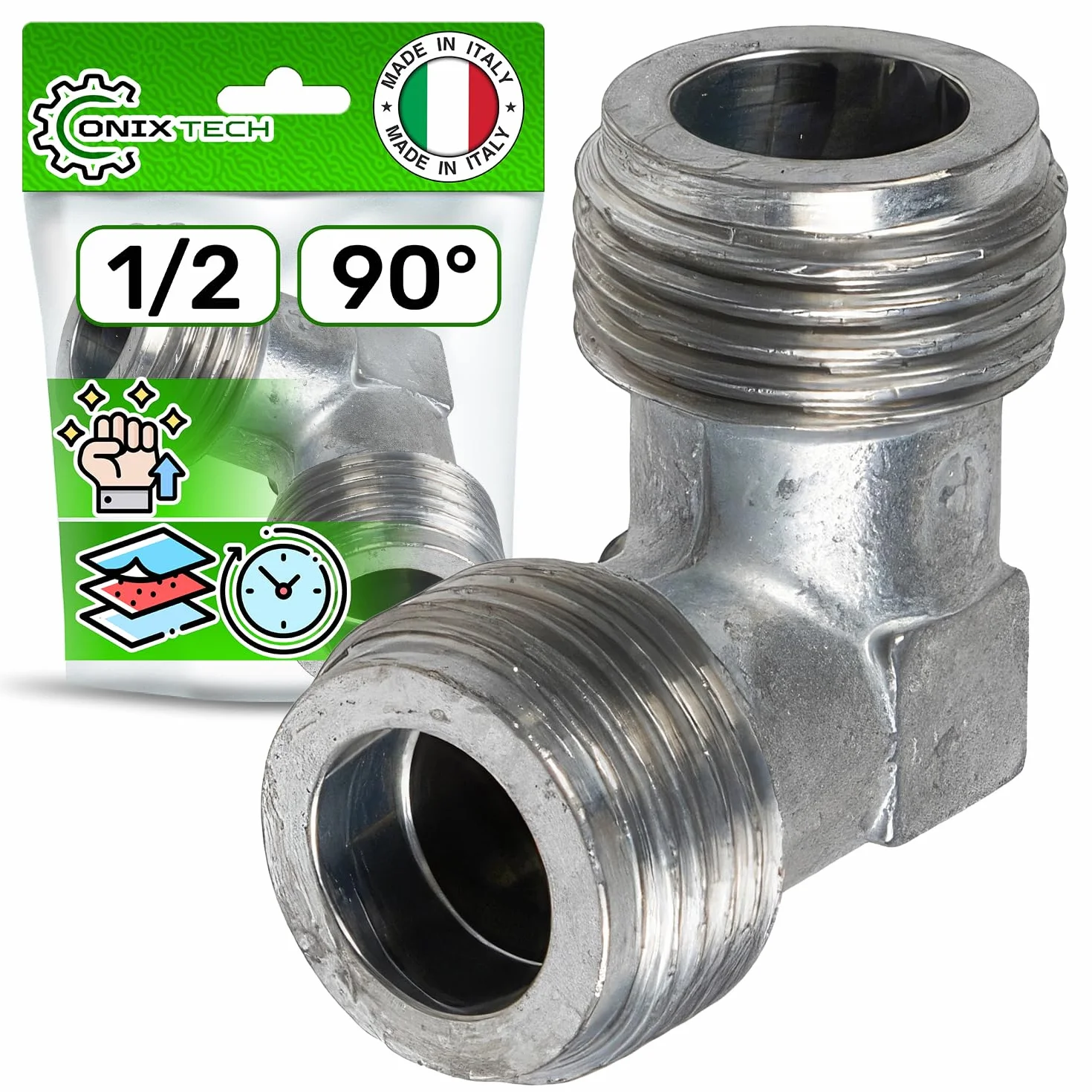 Codo de 90° Conexión Gas 1/2" Macho/Macho Tope Junta - ONIX TECH