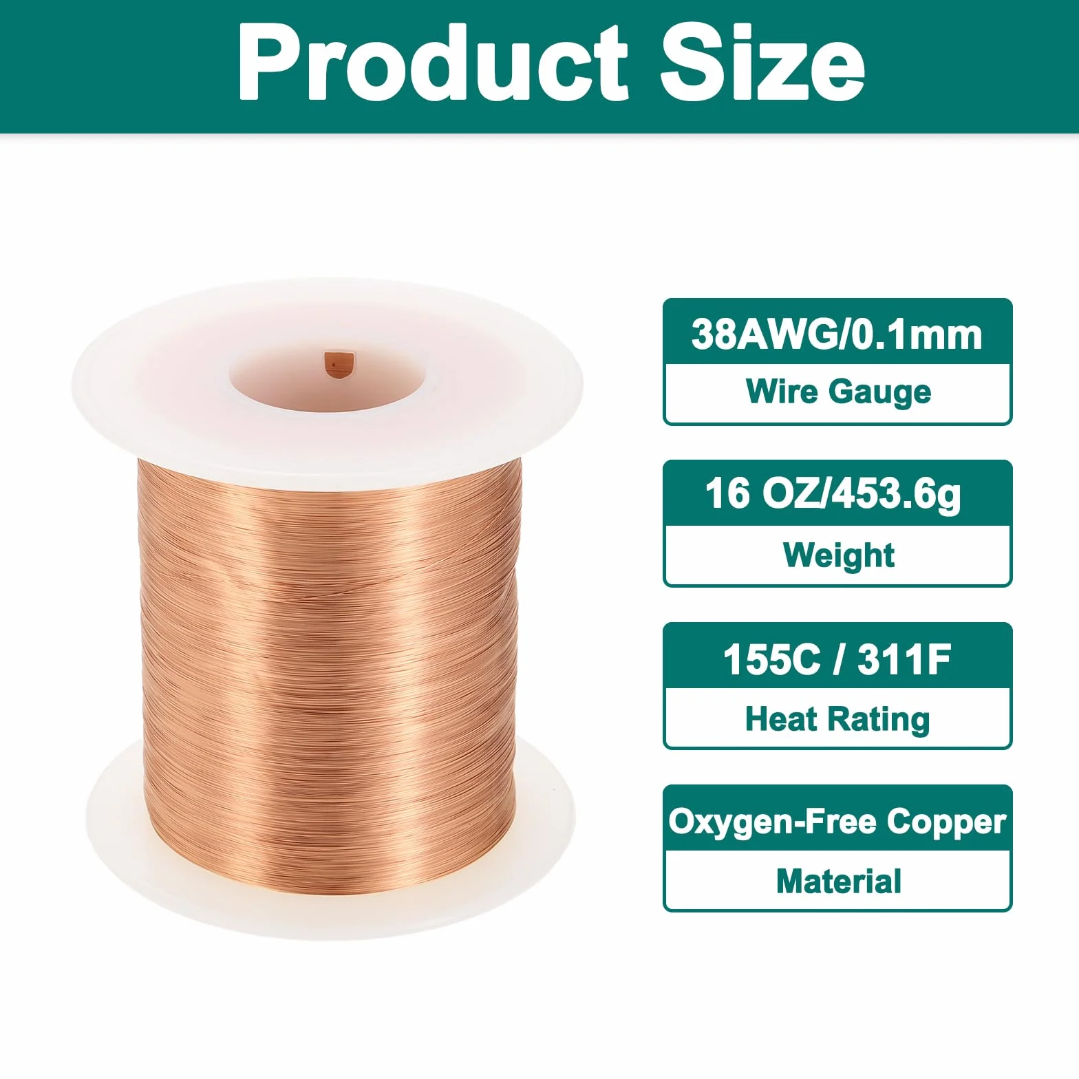 QUARKZMAN Hilo Magnético Calibre 38 AWG, Bobina de Cobre Esmaltado 16 Oz para Transformador, Grado F 311°F