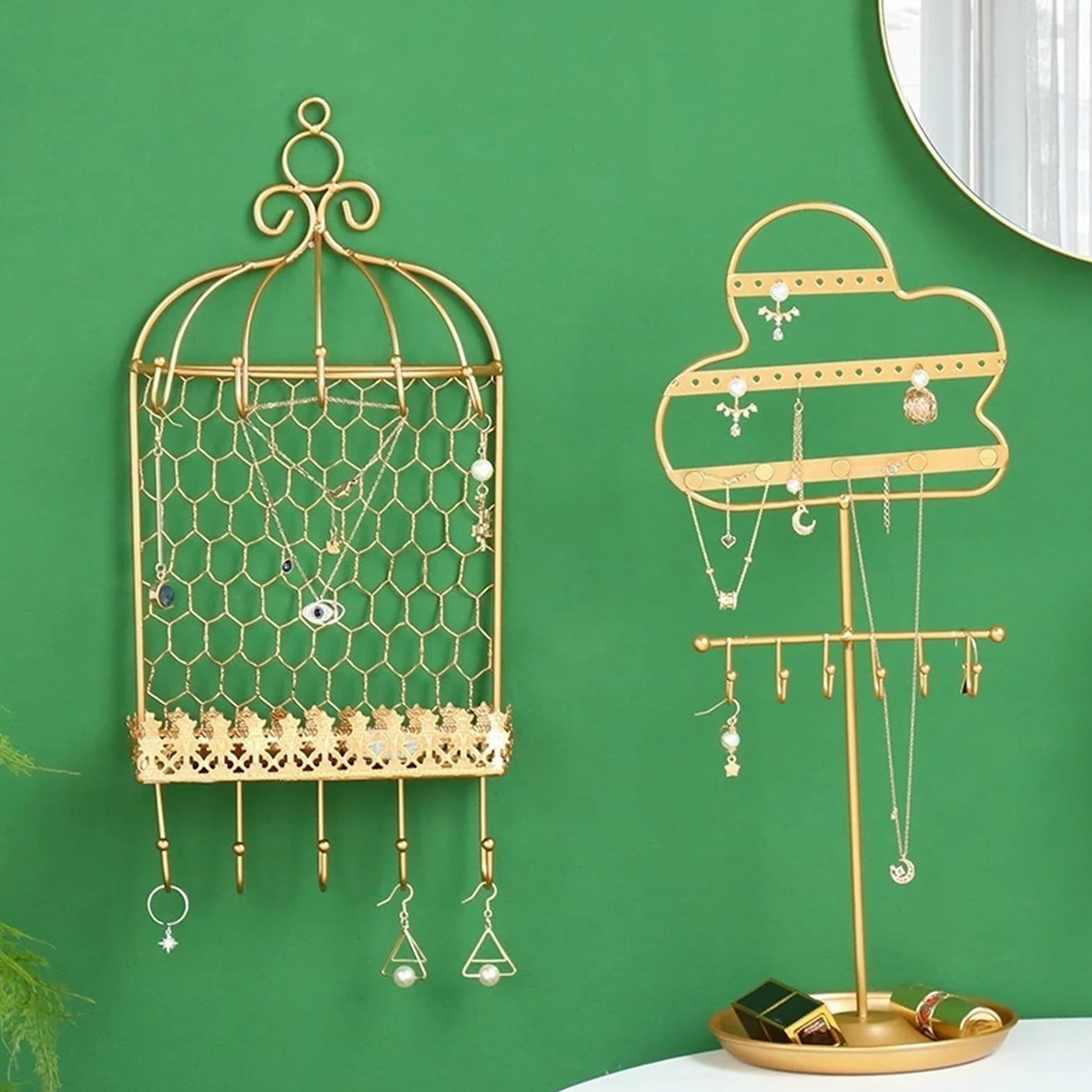 Organizador de joyas creativo para colgar en forma de torre, de hierro forjado dorado, de lujo, para habitación de niña, para escritorio, para colgar pendientes, soporte de exhibición, cajas de j