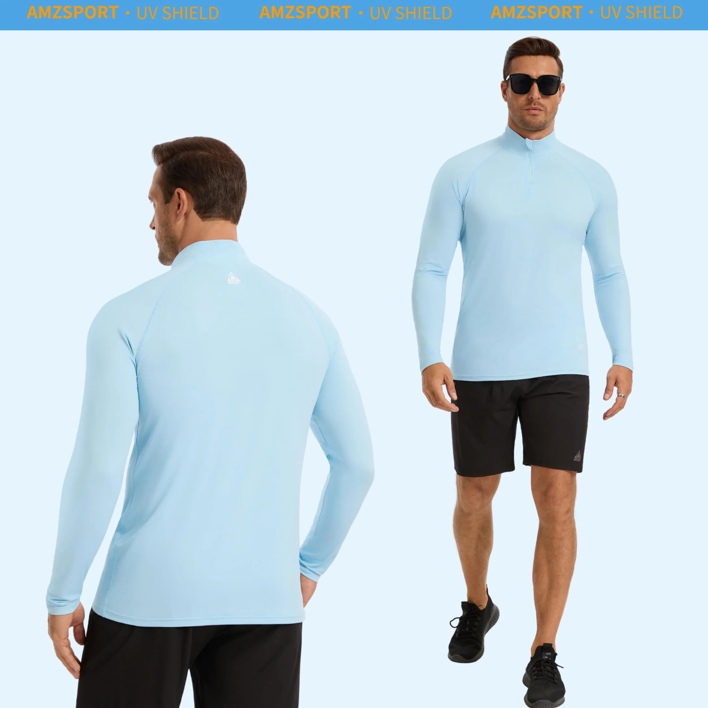 AMZSPORT Camiseta Hombre Manga Larga UV UPF 50+ Protección Solar Cremallera Secado Rápido