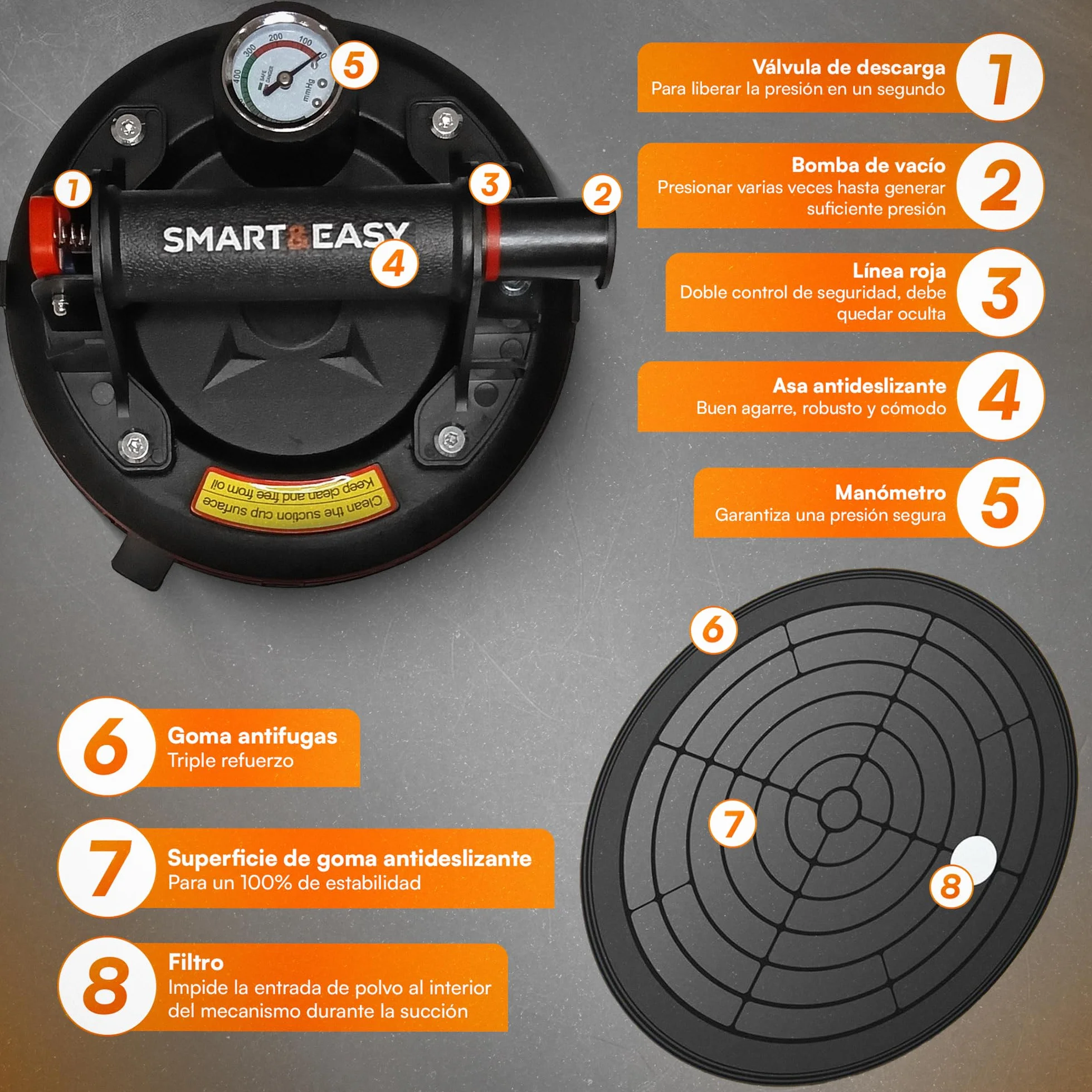 SMART&EASY Set 2 Ventosas para Azulejos con Manómetro 200 kg Succión 200 mm Diámetro Maletín Compacto