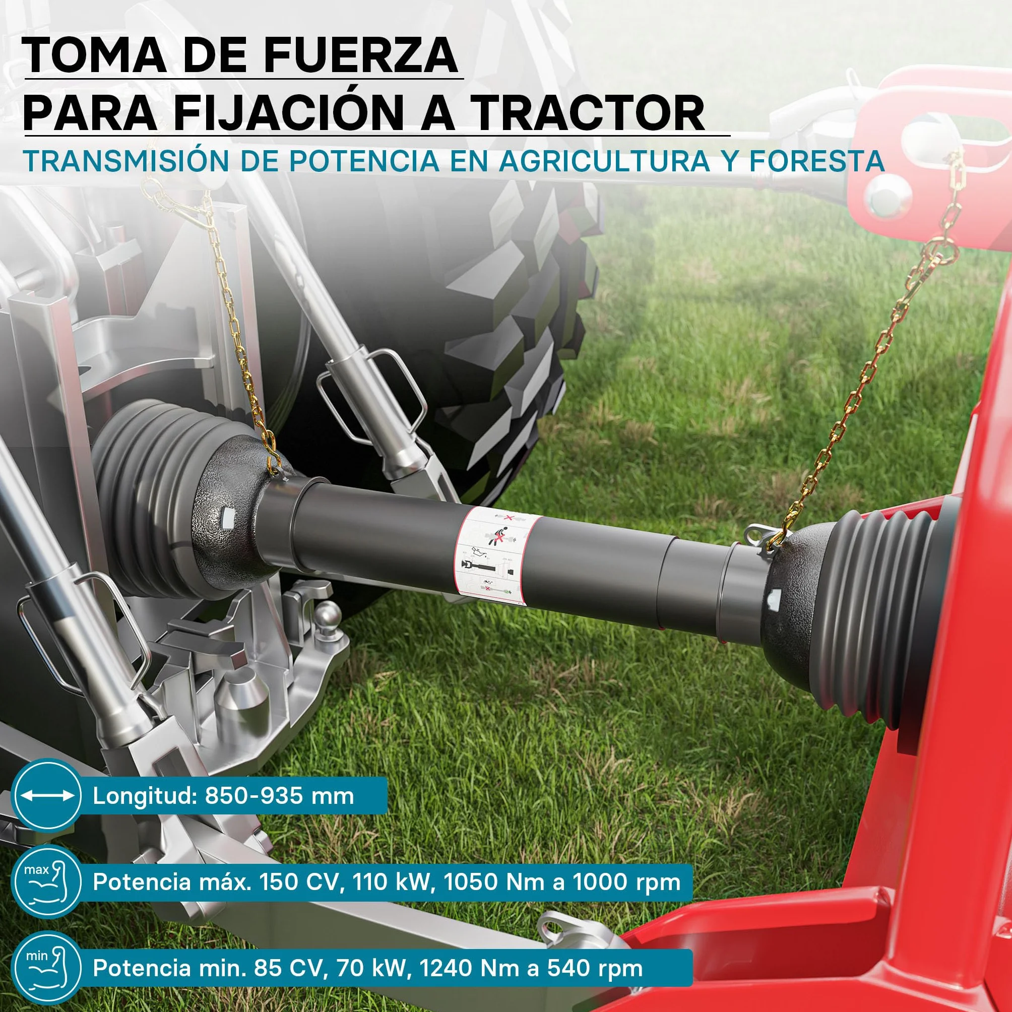 WilTec Toma de Fuerza T8 Eje transmisión cardán 850-935mm 1240Nm 540rpm PTO 110kW 2x1 3/8" 6 dientes