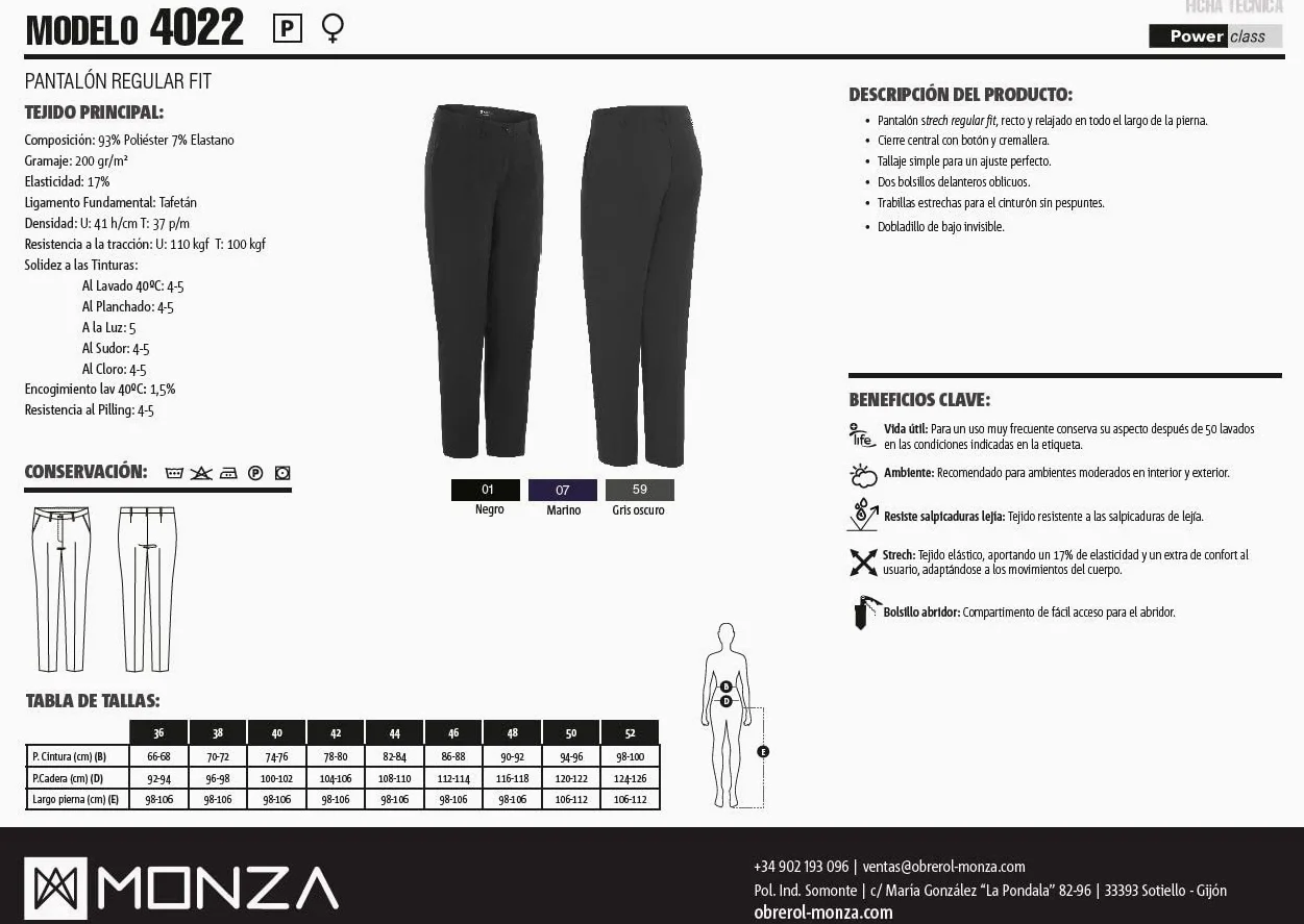 Pantalón Camarera Largo Corte Recto Mujer Ropa Hostelería