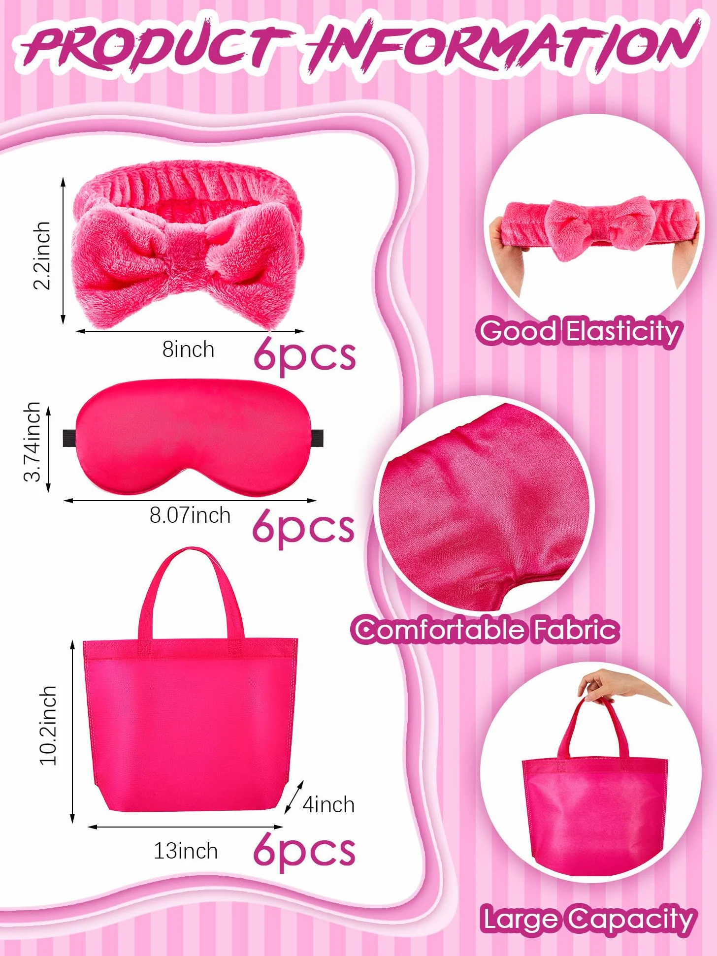 Sintuff 24 piezas de suministros de fiesta de pijamas para niñas, 6 batas de fiesta de spa, 6 bolsas, 6 diademas, 6 máscaras de spa (estilo rojo rosa, talla 10)