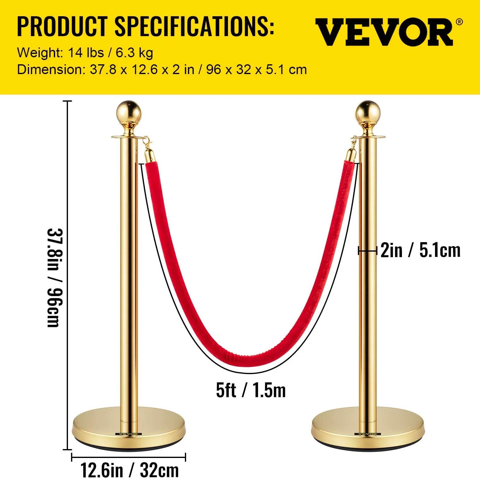 VEVOR Poste Separador de Cinta Extensible 4 Juegos Barreras de Seguridad 3 Cuerdas 1.5m Dorado