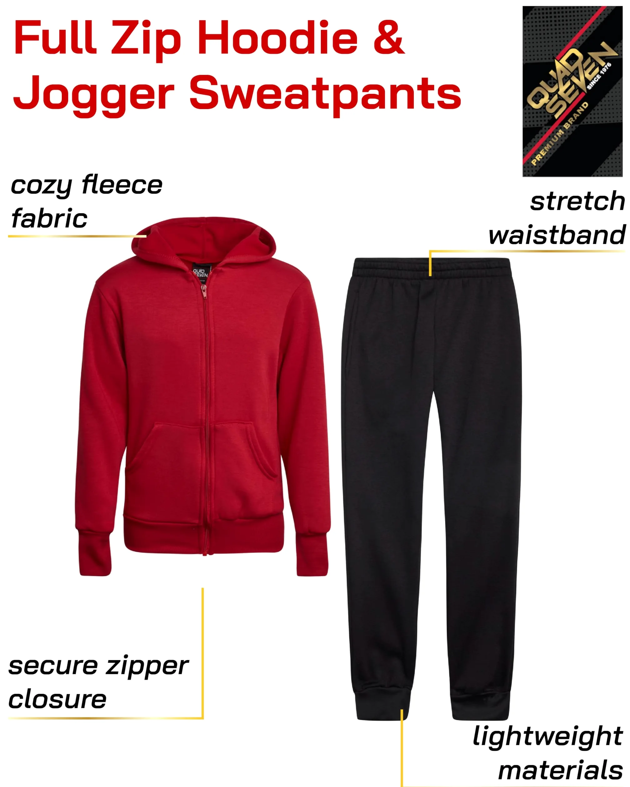 Quad Seven Conjunto de sudadera para niños – 2 piezas de forro polar sólido con cremallera y pantalones deportivos (tallas: 5-18)