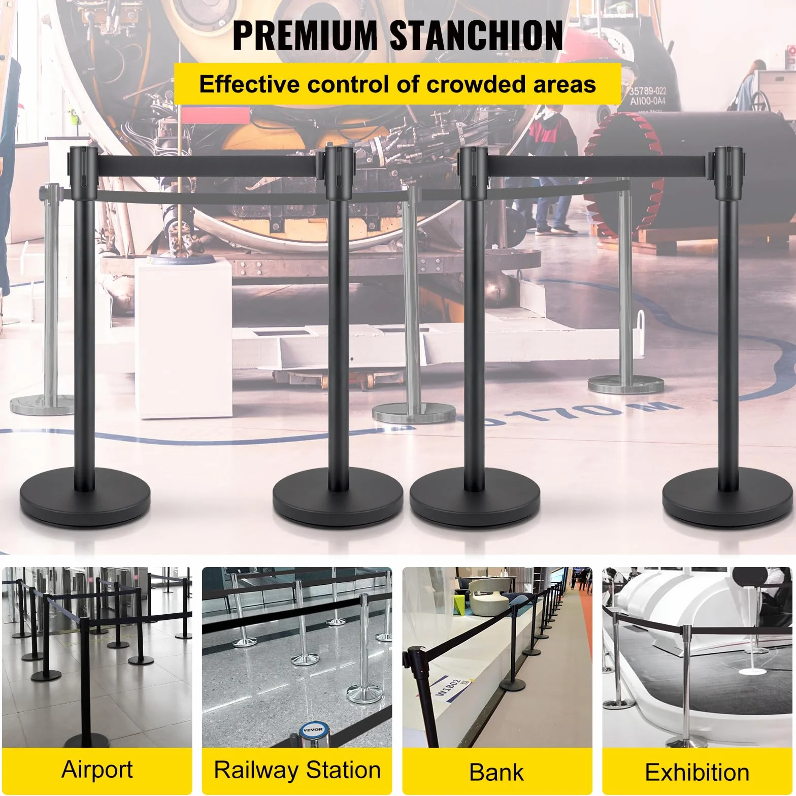 VEVOR Postes para Control de Multitudes 4 Piezas Barrera con Cinturón Retráctil Negro 2 m Base de Hormigón y Metal