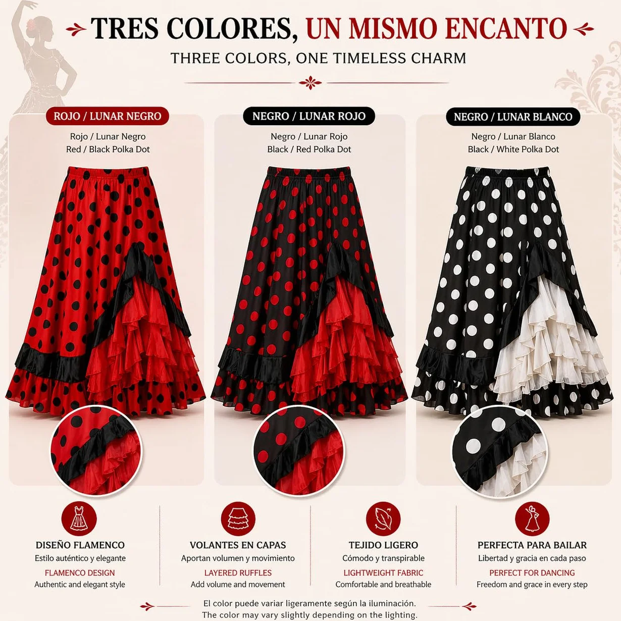 Carnavalife Falda Flamenca Baile sevillanas, Falda de Baile Flamenco, Volantes en Capas diseño asimétrico, Traje Feria, romería, espectáculo