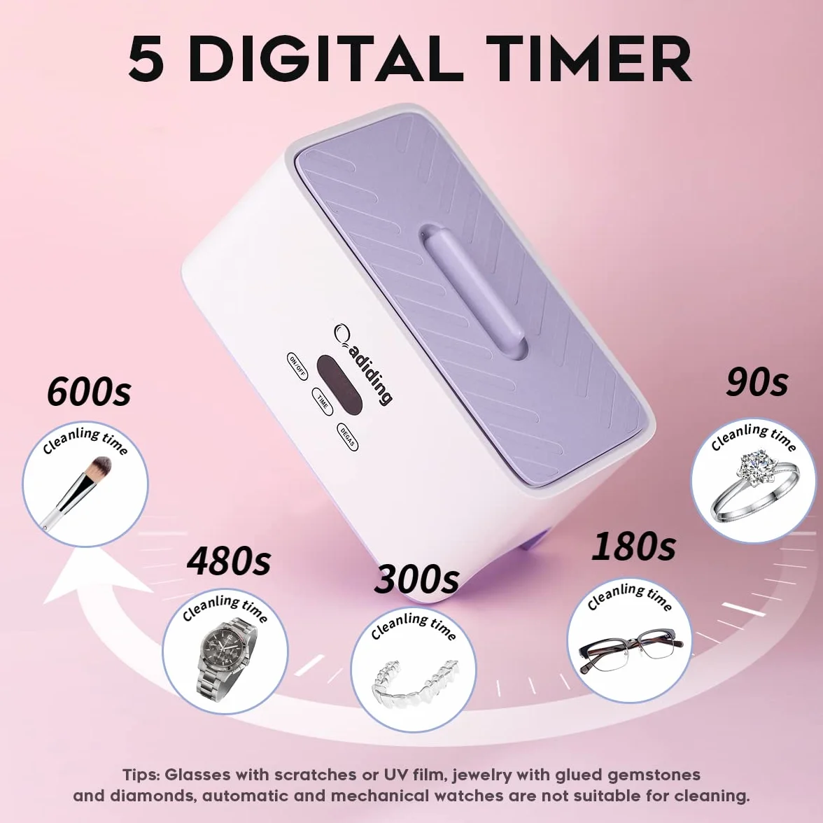 Adiding Dispositivo de limpieza ultrasónica para gafas, 1000 ml, dispositivo ultrasónico con 5 temporizadores digitales, modo degas, 45 kHz, dispositivo de limpieza de gafas, baño ultrasónico para