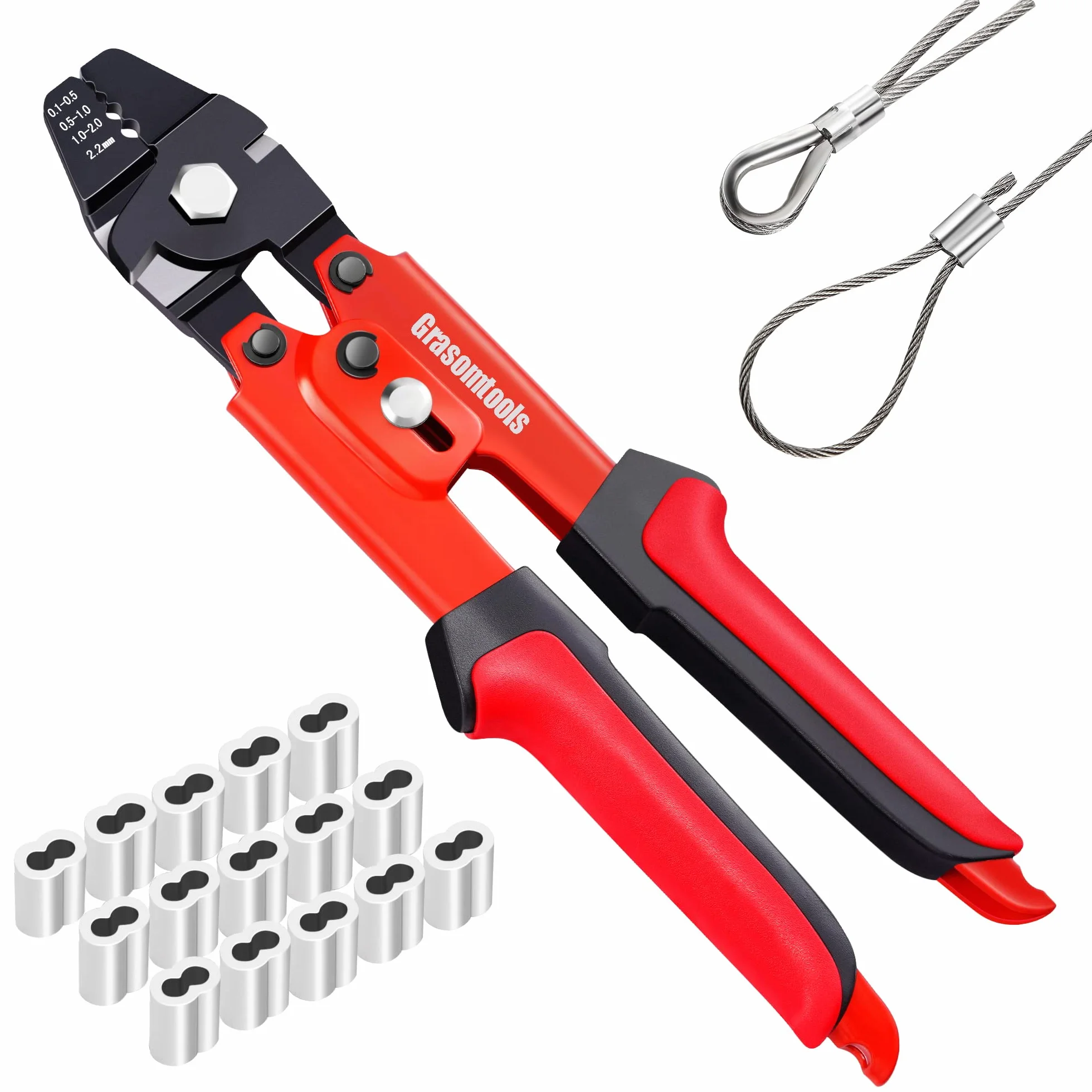Herramienta de crimpado de cable de acero, kit de 100 piezas, manguitos de aluminio de doble barril, hasta 2,2 mm