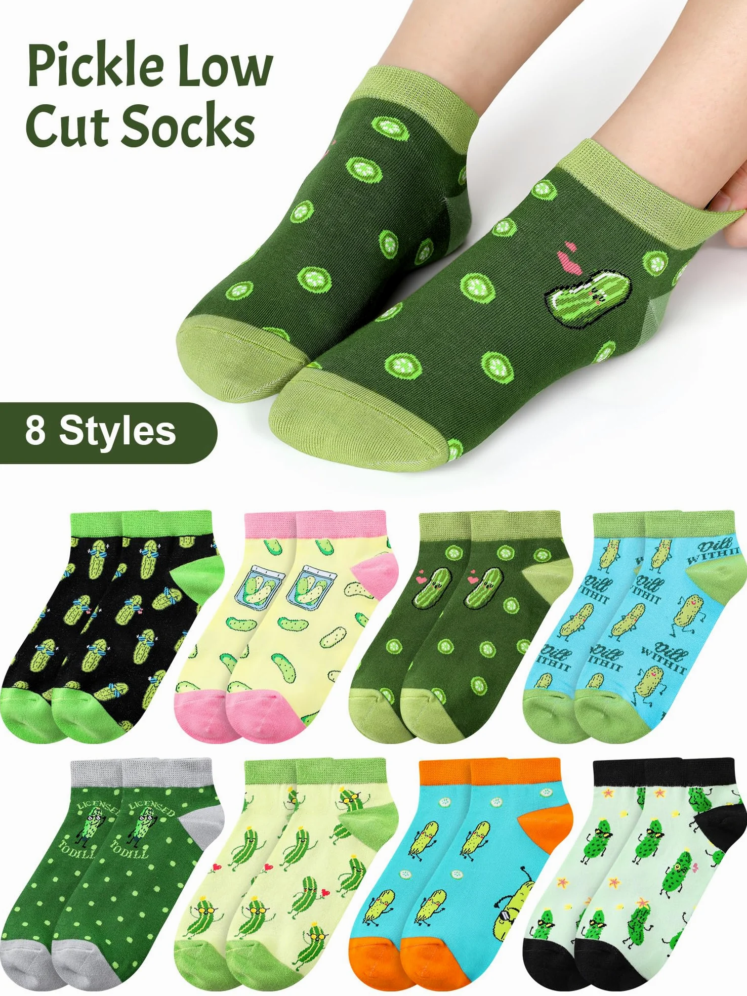 8 pares de calcetines divertidos de pepinillos, calcetines de eneldo, calcetines de algodón, regalos para amantes de los pepinillos, mujeres y hombres