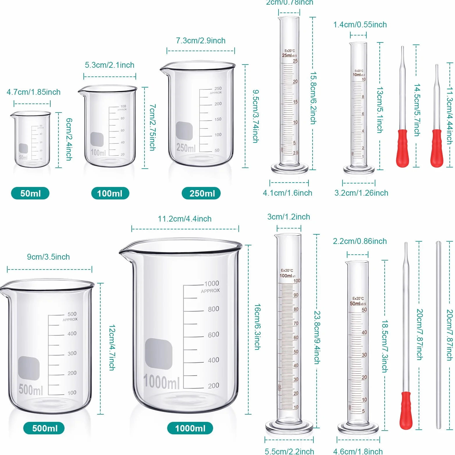 Set Cilindro Graduado Laboratorio 10-100 ml Vaso Precipitado Cristal 50-1000 ml con Goteros Varillas Agitar