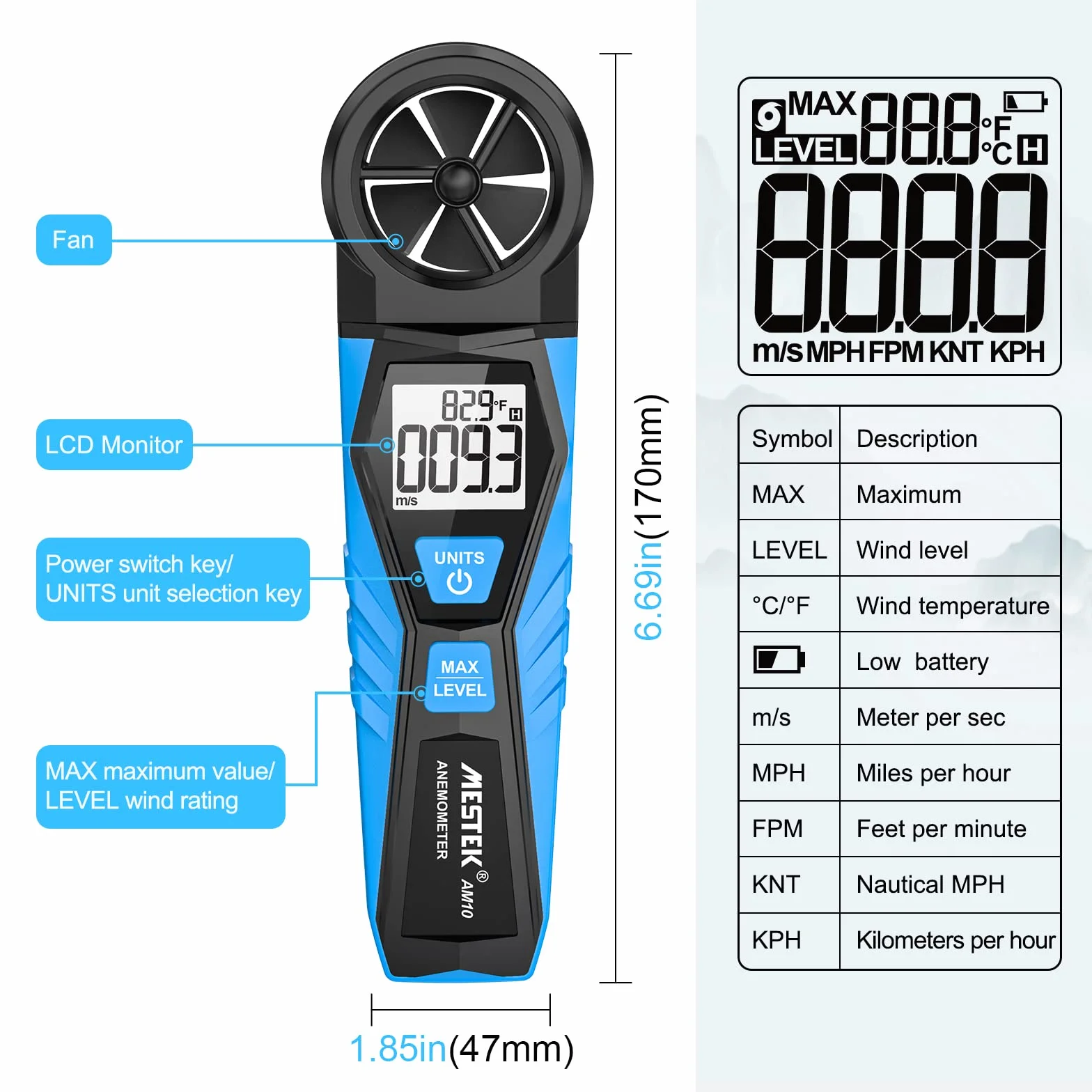 MESTEK Anemómetro Digital Portátil Medidor de Velocidad del Viento con Pantalla LCD Retroiluminación