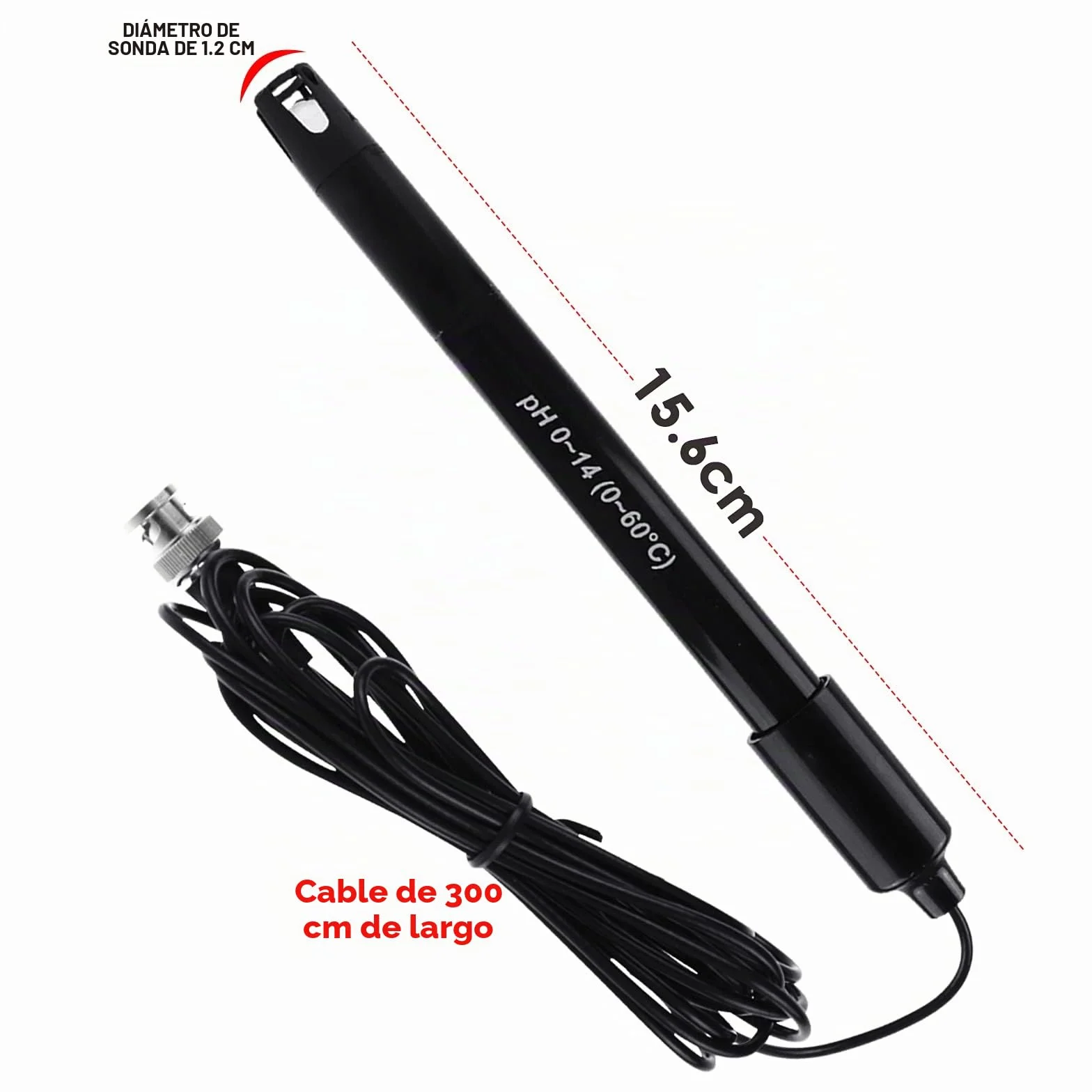 Cable Electrodo Sonda de pH Reemplazable 300 cm, 0-14 pH, Conector BNC, 3 Paquetes de Polvo de Calibración