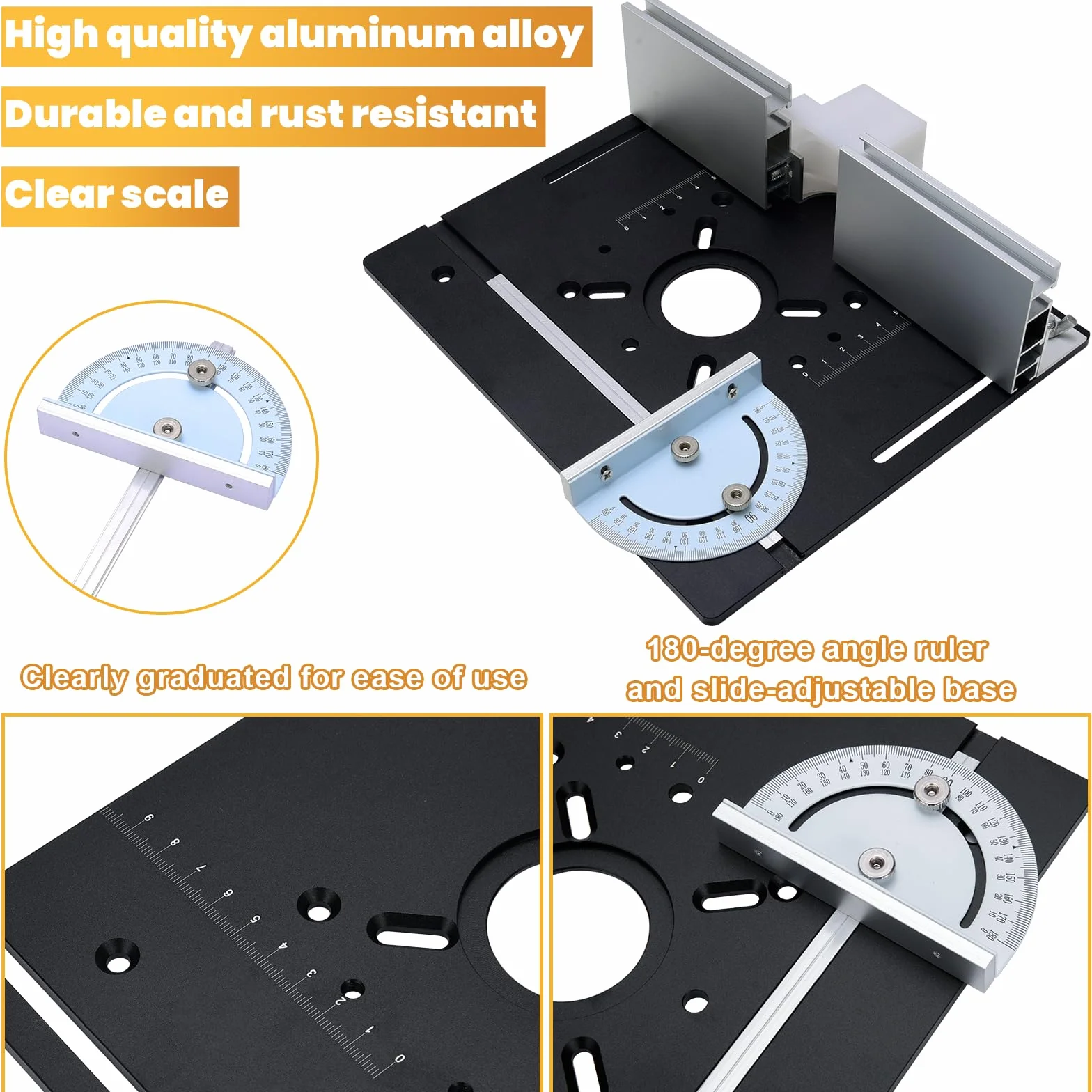 Placa de Inserción de Aluminio para Mesa de Fresadora con Guía Trasera y Regla de Ángulo, Negra