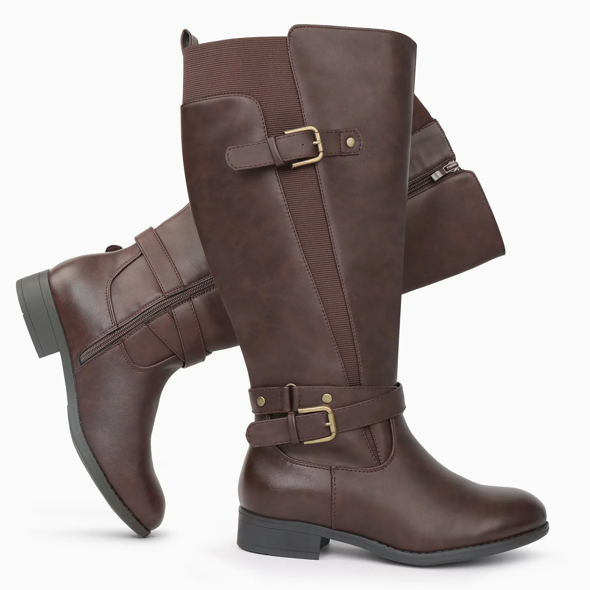 Botas de equitación para mujer, de caña ancha, tacón bajo, con correa al tobillo, diseño delgado