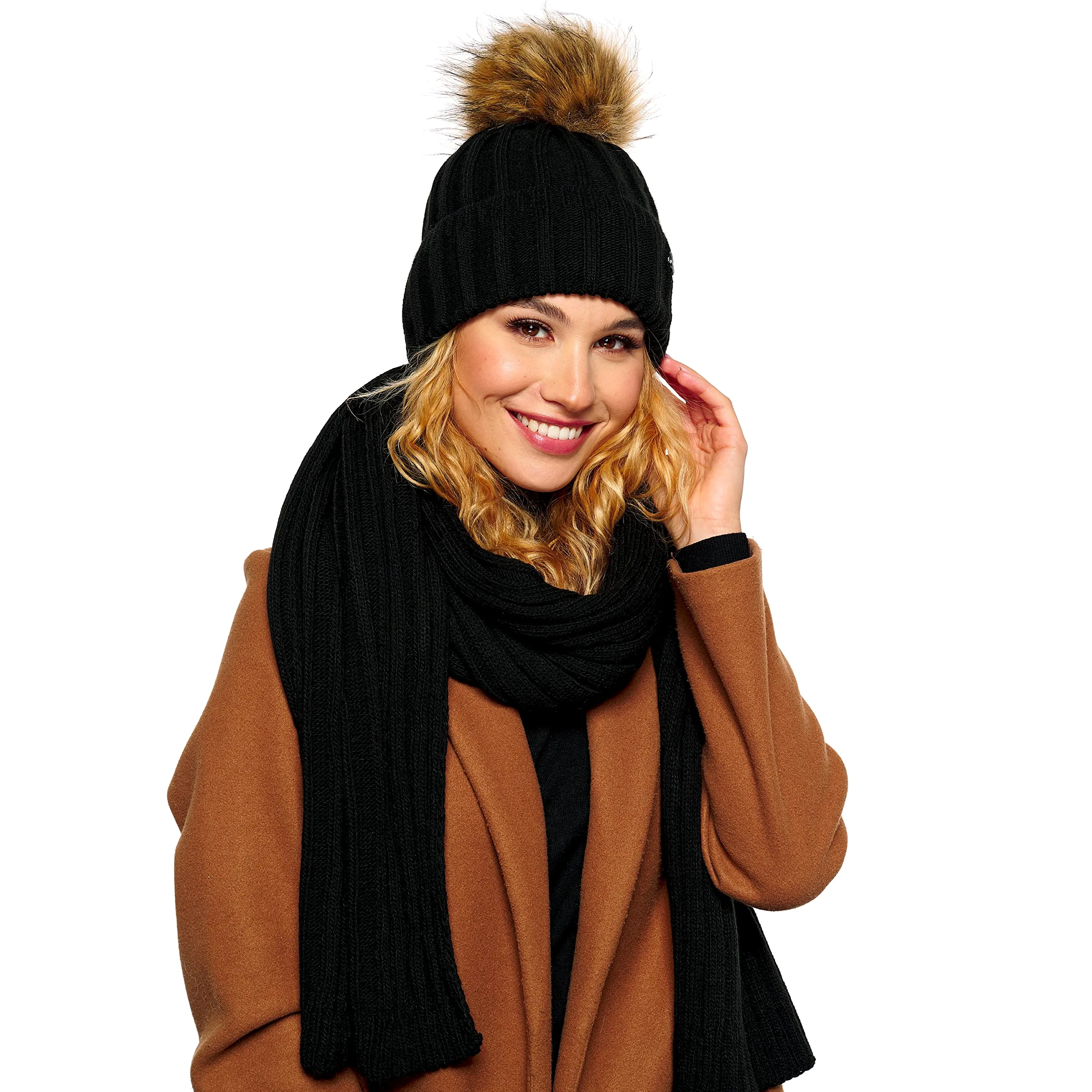 ELIMELI Gorro de cachemira para mujer, de invierno, cálido, gorro de lana con cachemira, gorro de invierno con pompón de piel sintética, gorro de punto para mujer, para invierno, gorro de pompón,