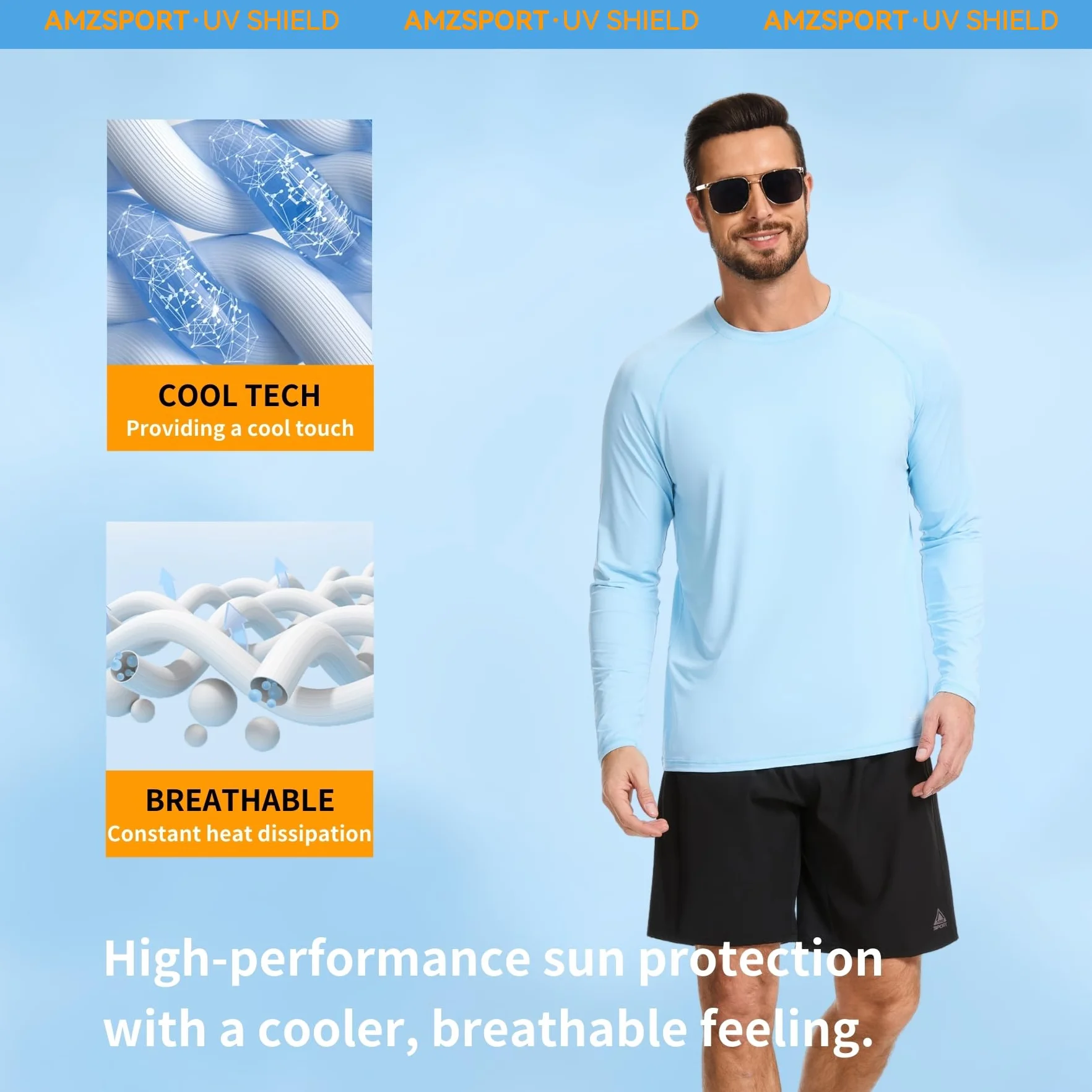 AMZSPORT Camiseta UV Hombre Rashguard UPF 50 Protección Solar Manga Larga Transpirable Secado Rápido para Pesca Surf Senderismo
