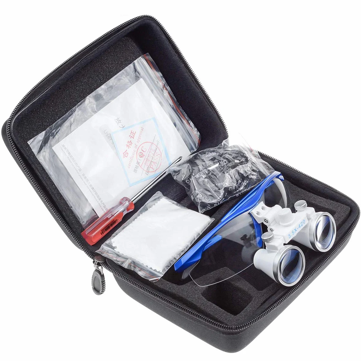 Binocular quirúrgico 3,5 X 420 mm Vidrio óptico antivaho azul