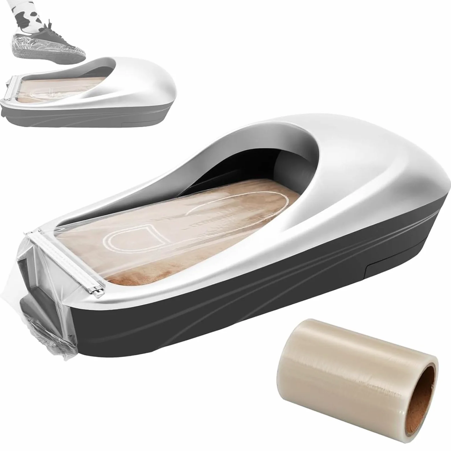 Dispensador automático de fundas para zapatos, 1 rollo de película de polietileno, protector de suelo antideslizante manos libres para el hogar, oficina, clínica
