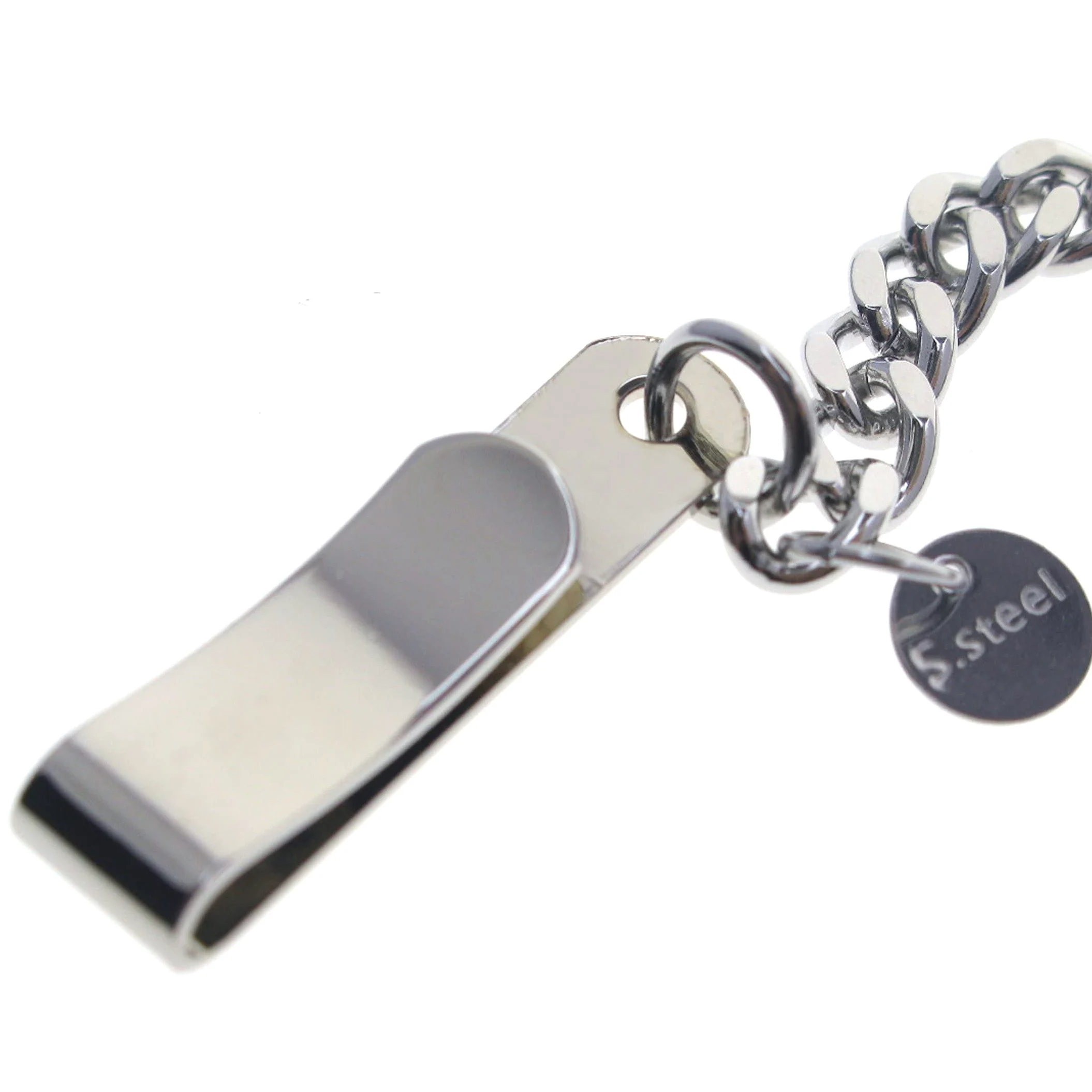 Cadena de reloj de bolsillo de acero inoxidable con cadena de eslabones de acero, clip de cinturón de acero y cierre de pulido de acero FCS90, Silver