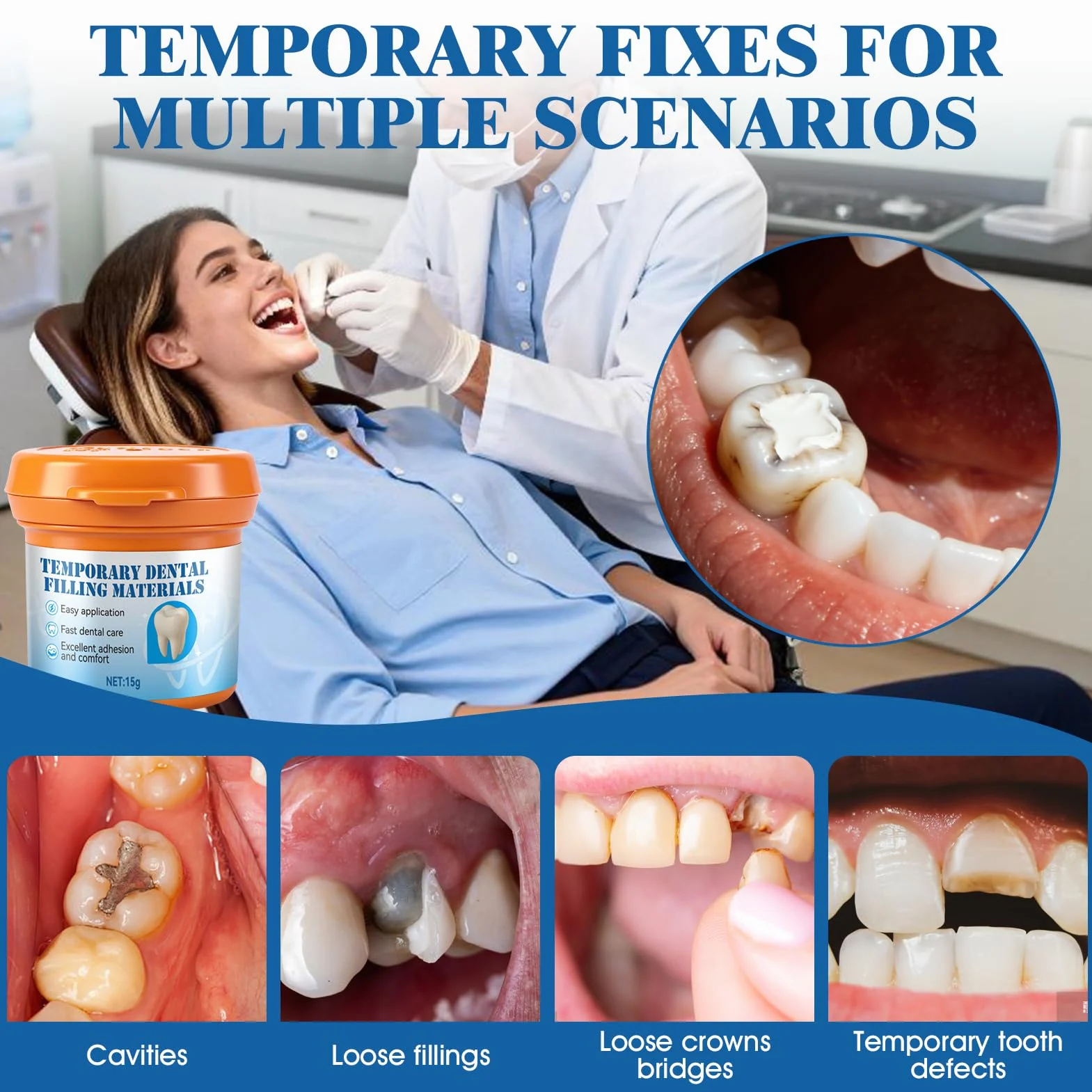 Cemento Dental Temporal, Kit de Relleno para Caries, 15g