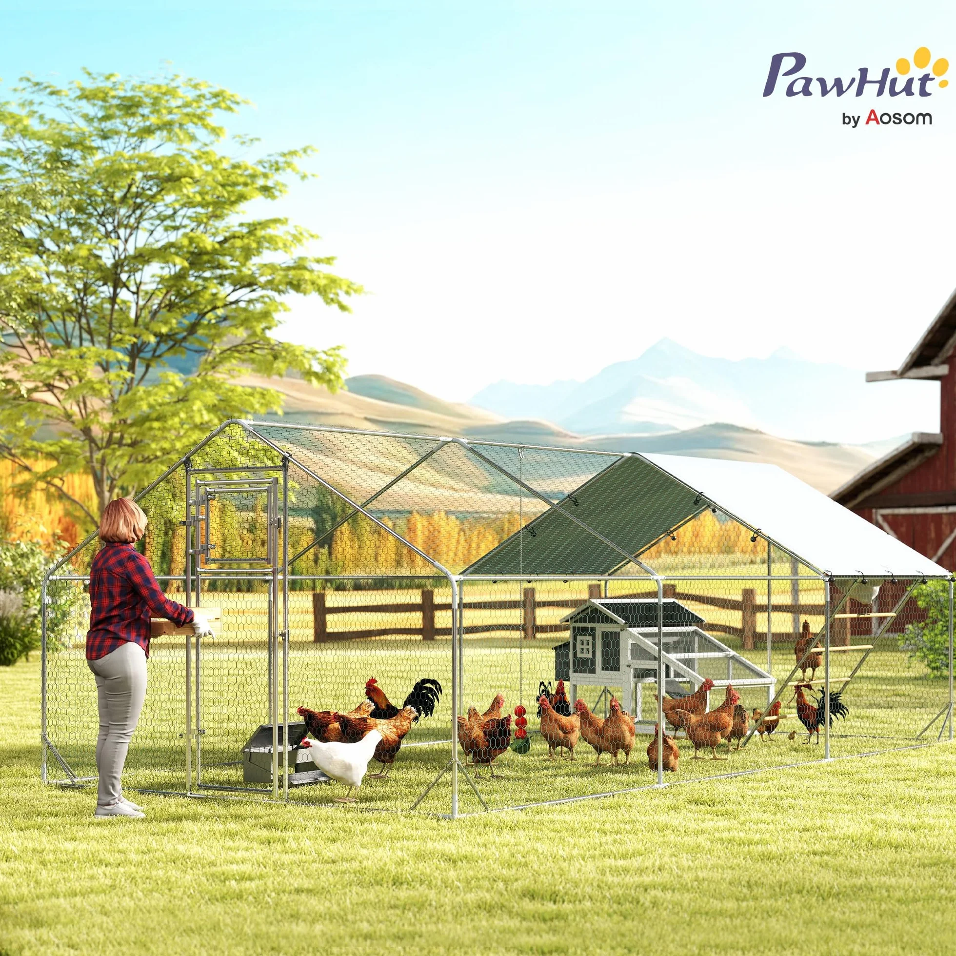 PawHut Gallinero Exterior 18 m² 3x6x1,95 m Acero Galvanizado para 18-24 Gallinas Impermeable Anti-UV