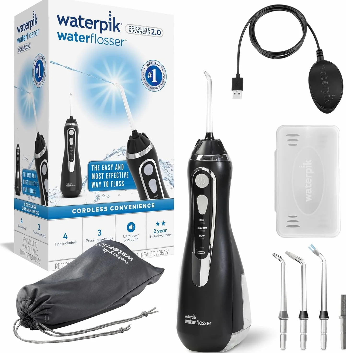 Waterpik Irrigador Dental Eléctrico WP-582EU, 3 Presiones, Cargador USB, Negro
