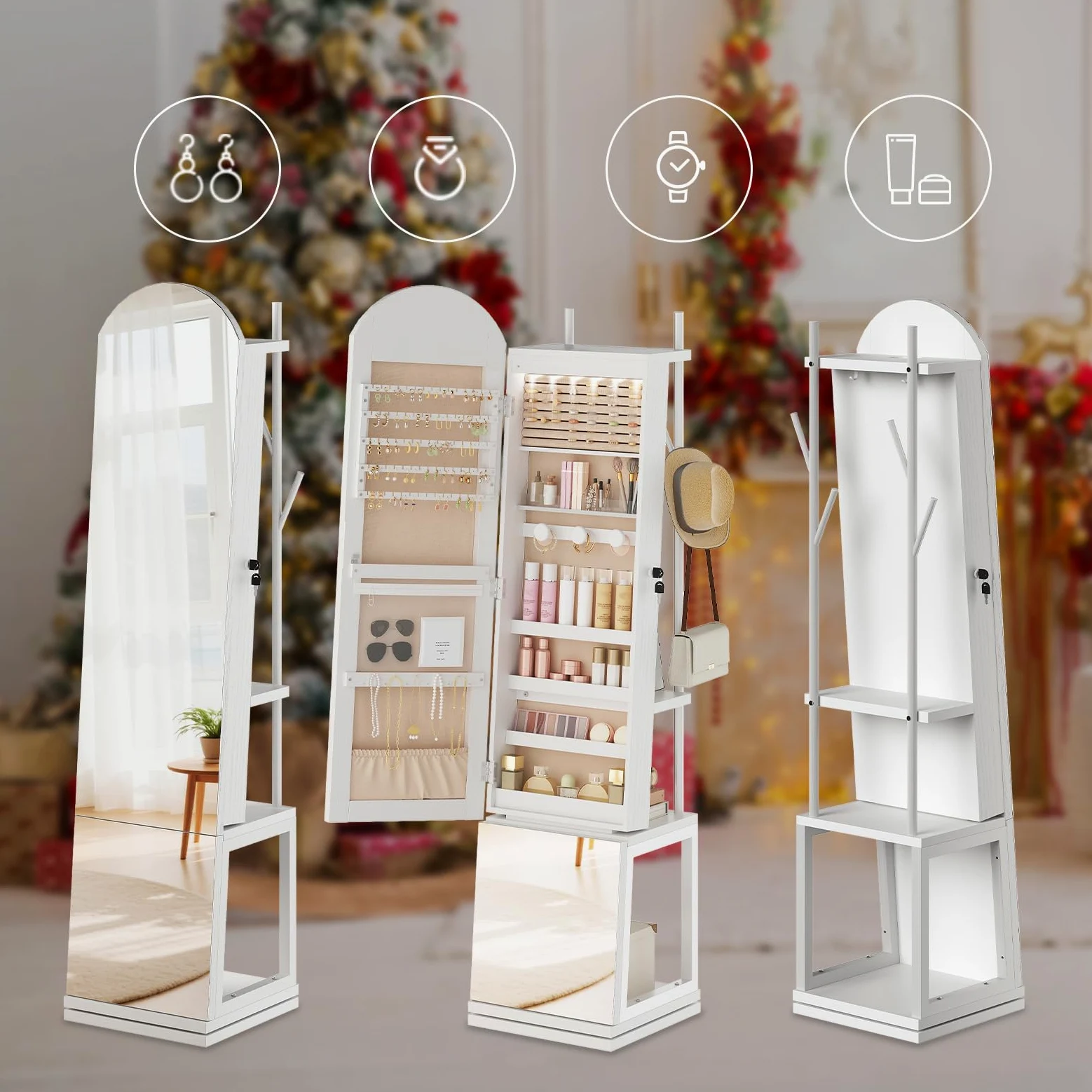 HOOBRO Armario para Joyas, Espejo Joyero de Pie, Base Giratoria y Cerradura, con Luz LED y Zona Abierta, con Ganchos para Ropa y Sombreros, Pendientes, Anillos, Collares y Cosméticos, Blanco EWT09JC04