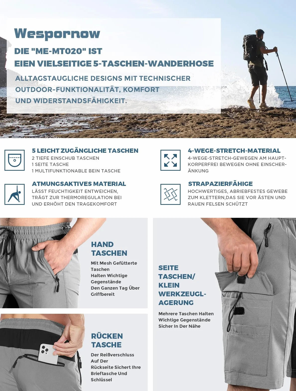 Wespornow Bermuda para Hombre con 5 Bolsillos, Pantalón Corto Deportivo de Secado Rápido para Deporte al Aire Libre, Elástico y Funcional para Trabajo, Senderismo y Trekking