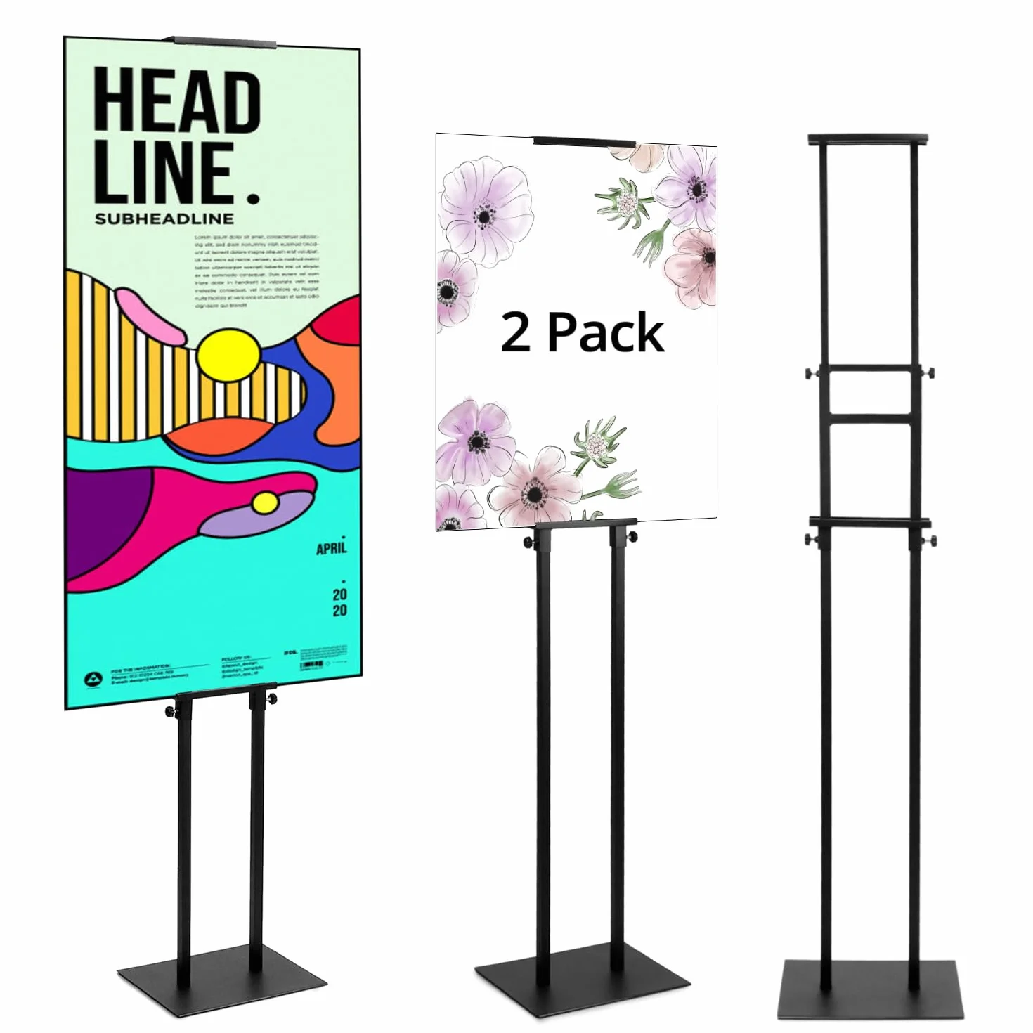 QWORK Juego de 2 Soportes para Carteles de Doble Cara, Altura Ajustable 12-210 cm, Base 24x30 cm