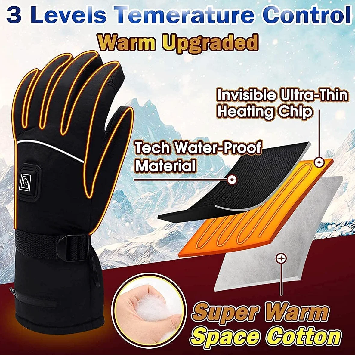 Guantes térmicos eléctricos, Guantes térmicos aislados con Pantalla táctil, Guantes térmicos para esquí de Motocicleta, Guantes Impermeables con 3 Niveles de Calentamiento a baterí