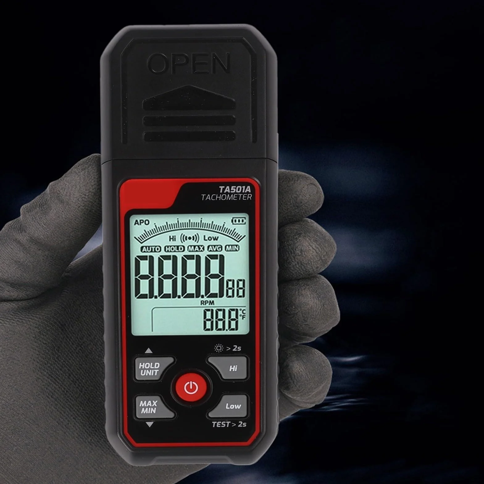 Tacómetro digital TA501A medidor de RPM fotoeléctrico sin contacto 25-99999RPM retroiluminación LCD bloqueo de datos máx/mín/prom alarma motor ventilador prueba