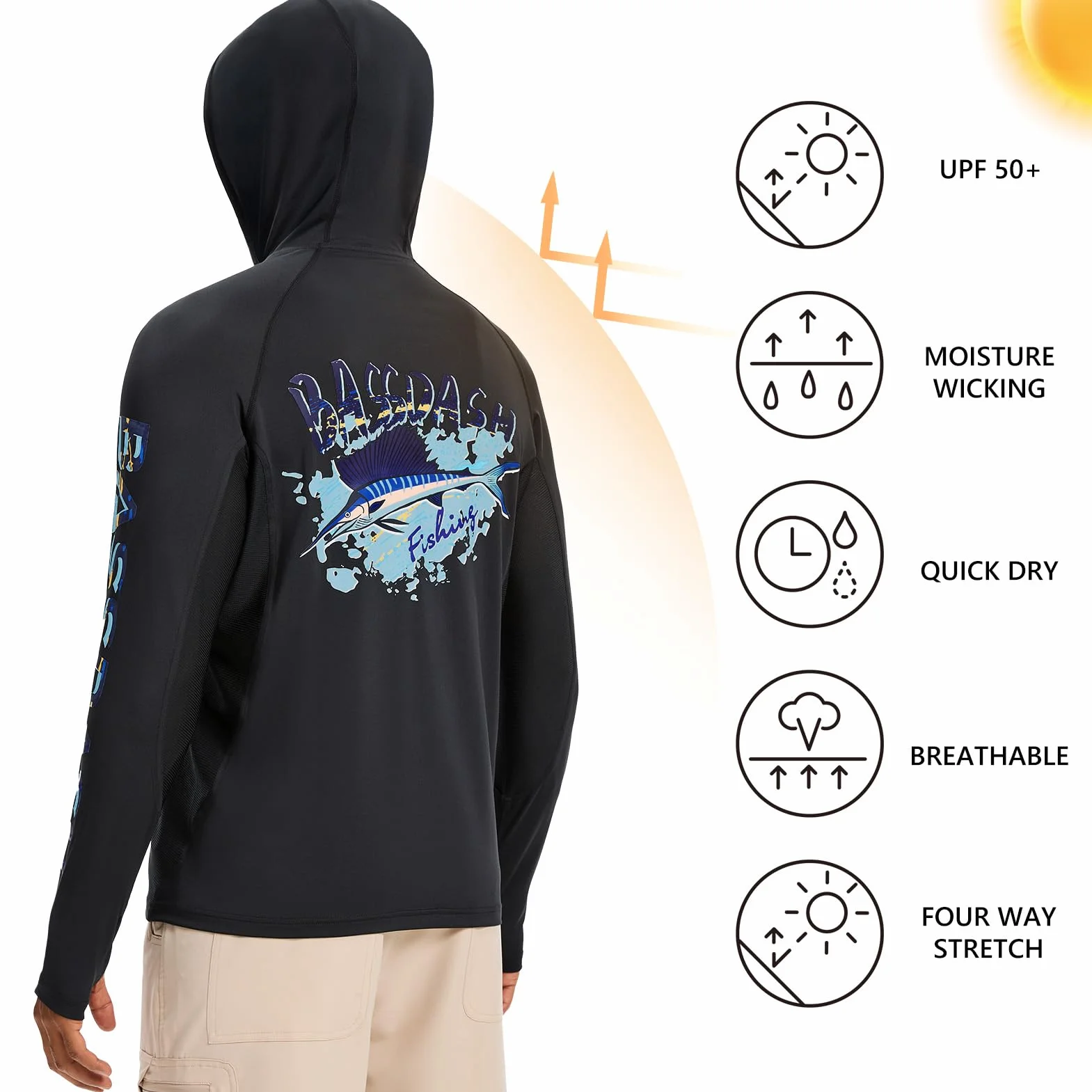 Bassdash Sudadera con Capucha Hombre con Mascarilla, UPF 50+, Estampado de Pesca, Manga Larga, Tejido Técnico Transpirable y Secado Rápido, Modelo FS47M