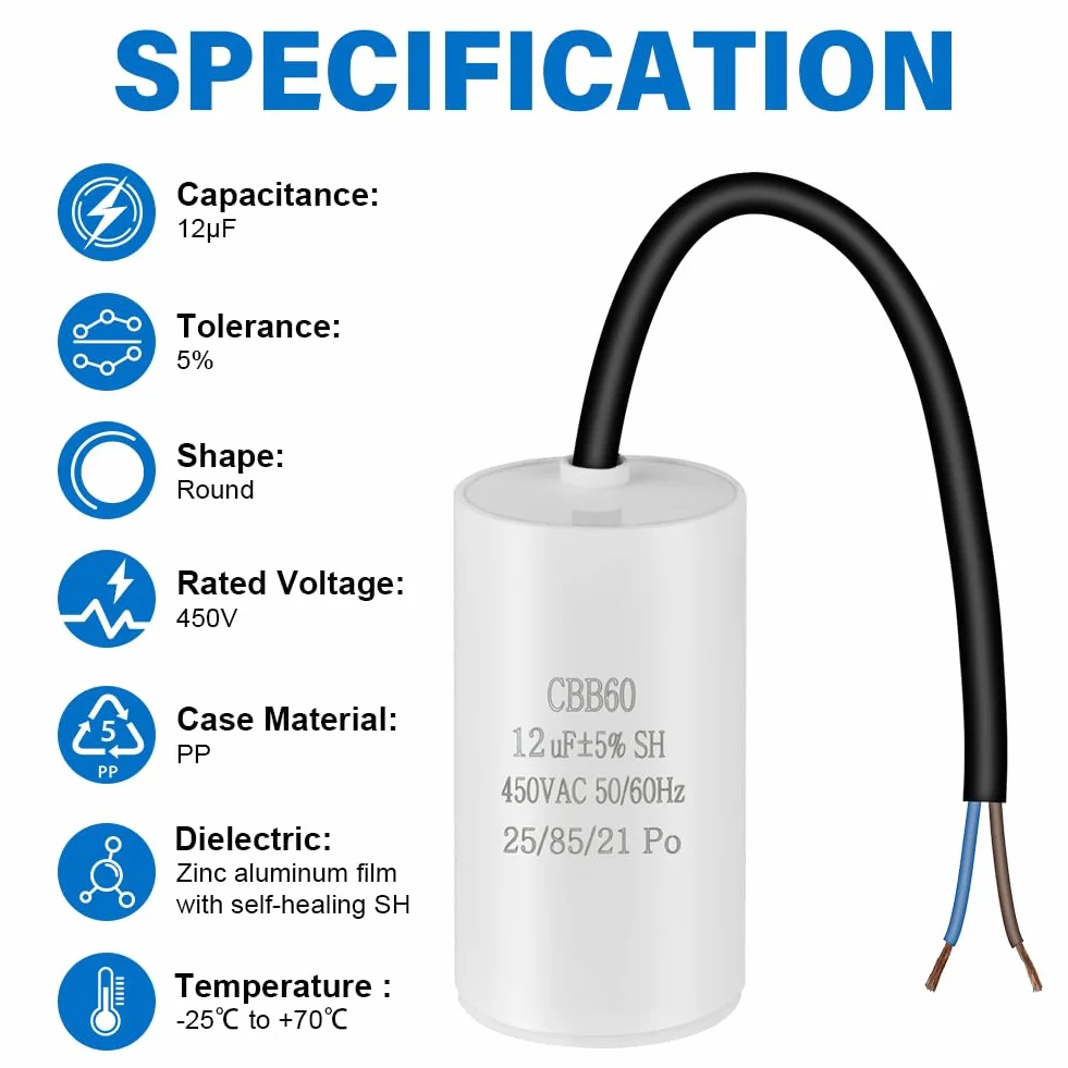 OFFCUP CBB60 Condensador Permanente 12μF 450V 50/60Hz para Motores Eléctricos