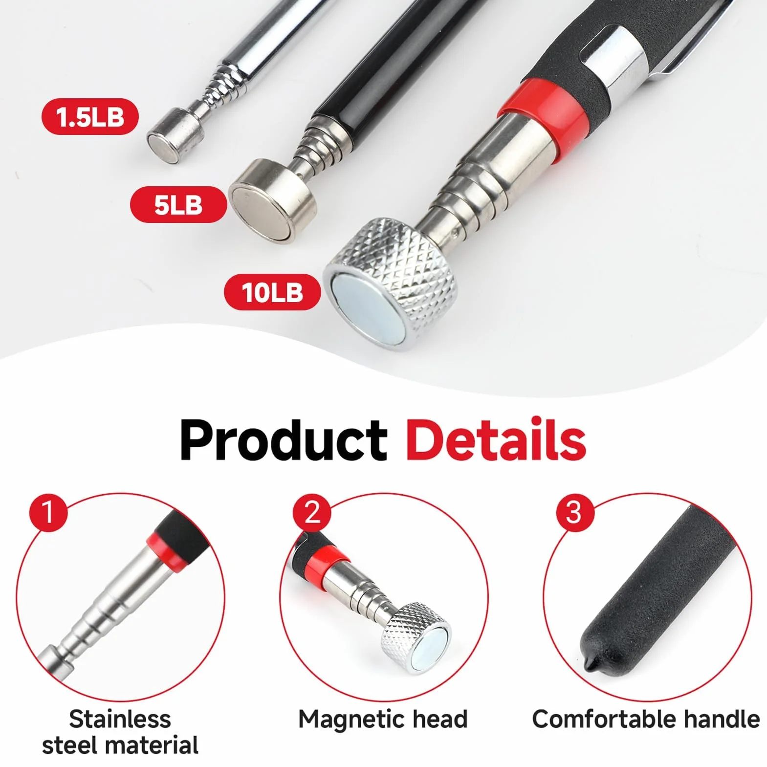 Iman Telescópico Flexible 4 Piezas Herramienta Recogida Tornillos Tuercas Pernos 1.5LB/5LB/10LB