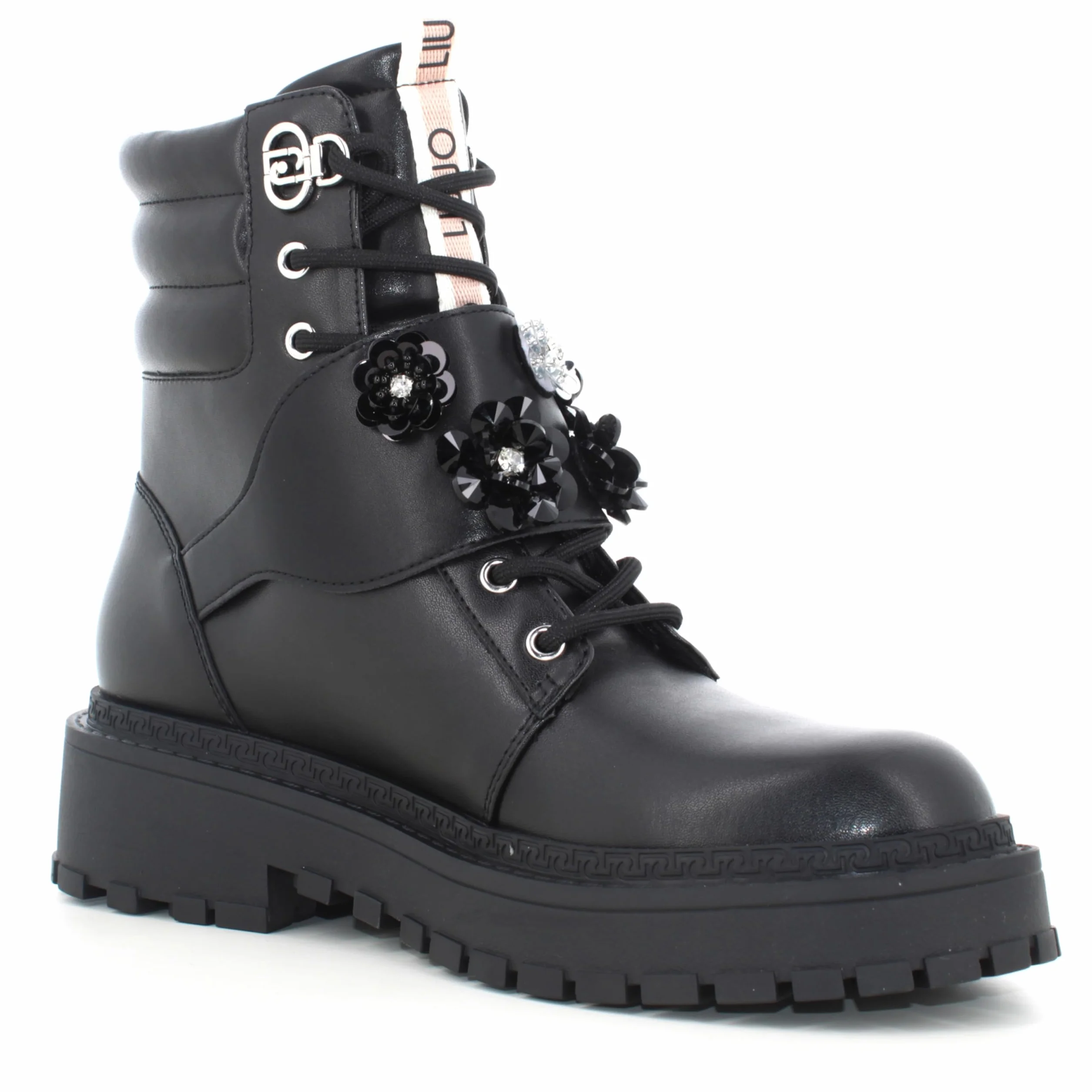 Liu Jo Botas Militares con Flores de Cristal, Negro, Cuero, Suela de Goma, Estilo Combat (Negro, Mediano, Sistema tallas calzado EU, Adulto, Números, mediano, 39)