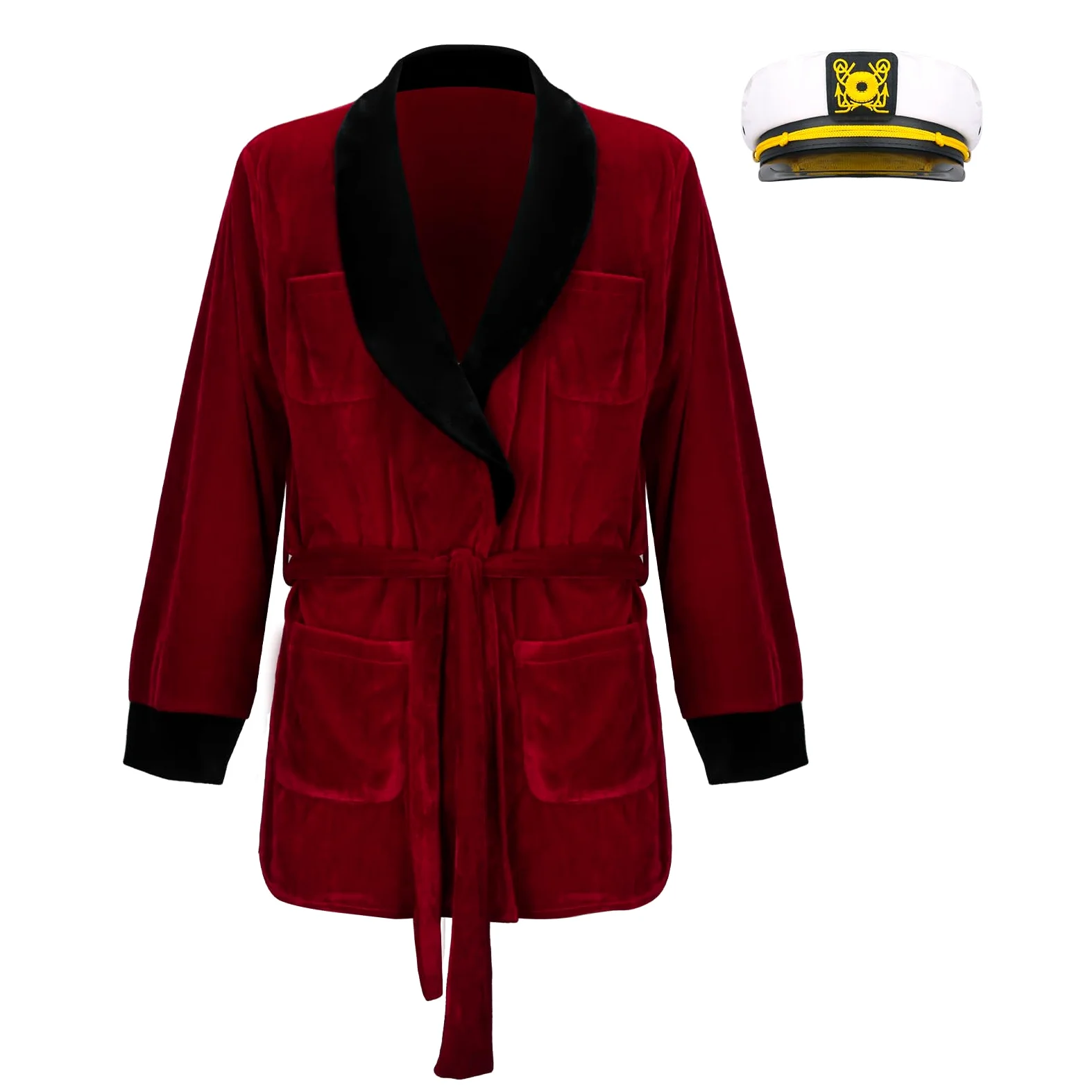Hefner - Pijama de terciopelo rojo para hombre, con cinturón, sombrero de capitán, accesorios de pipa falsa, disfraz de Halloween