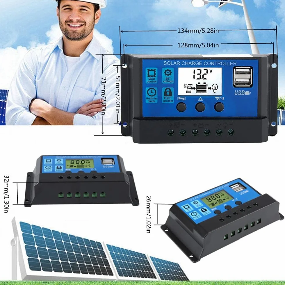 Controlador de Carga Solar PWM 30A 12V/24V Inteligente con Pantalla LCD y Puerto USB