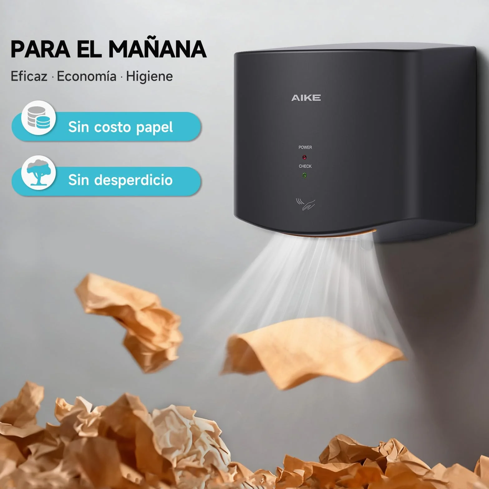AIKE Secamanos Compacto 1400W 220V Secado de Alta Velocidad Sin Papel Sin Contacto AK2630S Negro