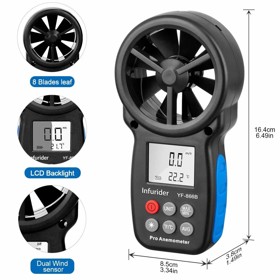 INFURIDER YF-866B Anemómetro Digital de Mano Medidor de Velocidad del Viento con Luz de Fondo