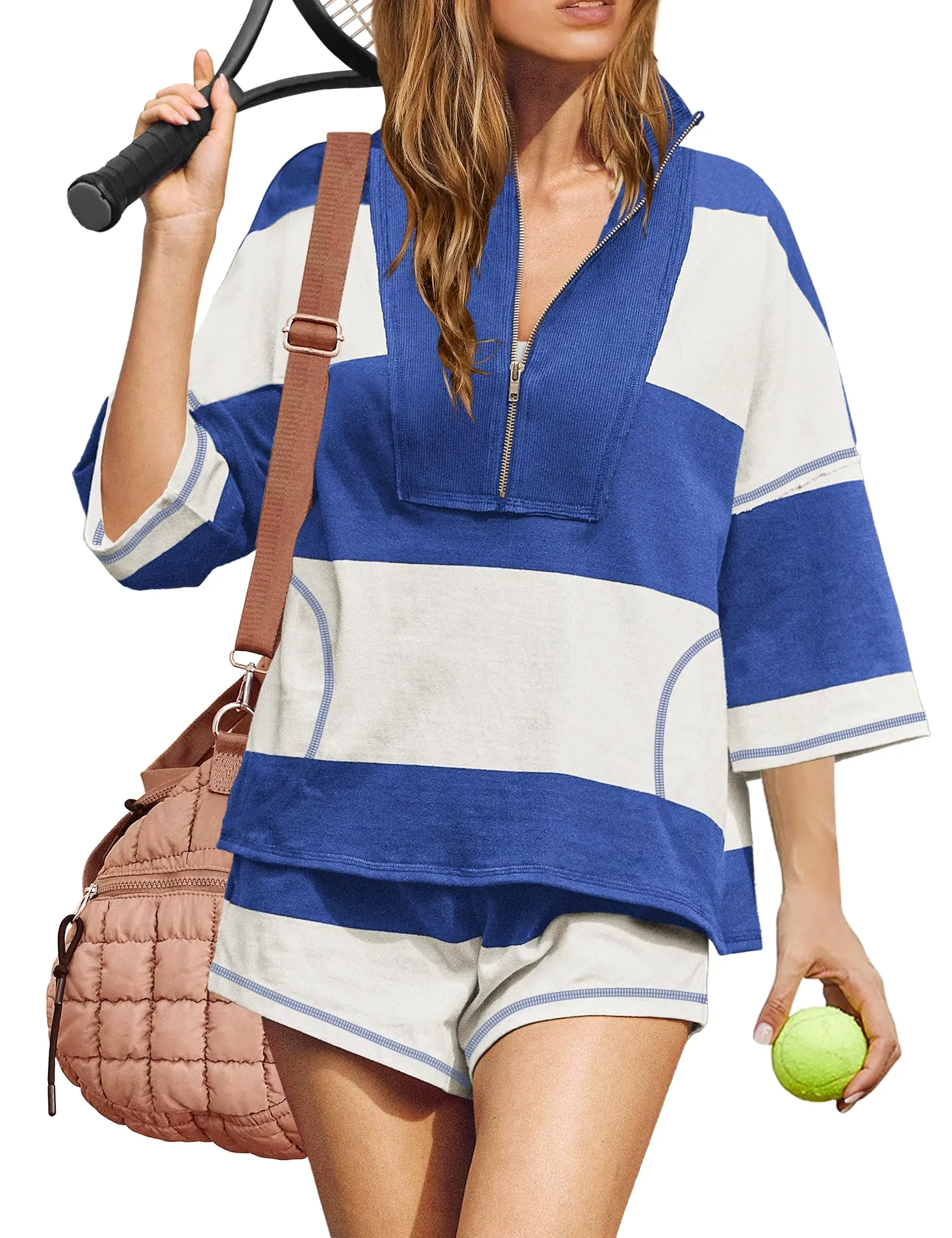 ReachMe Conjunto de 2 piezas de pantalones cortos a rayas para mujer, conjunto de verano a juego con camiseta y pantalones cortos con bolsillos