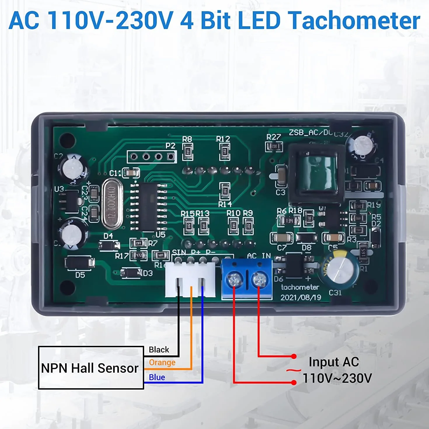 DONGKER Tacómetro digital LED AC 230 V 110 V RPM con interruptor de proximidad sensor NPN