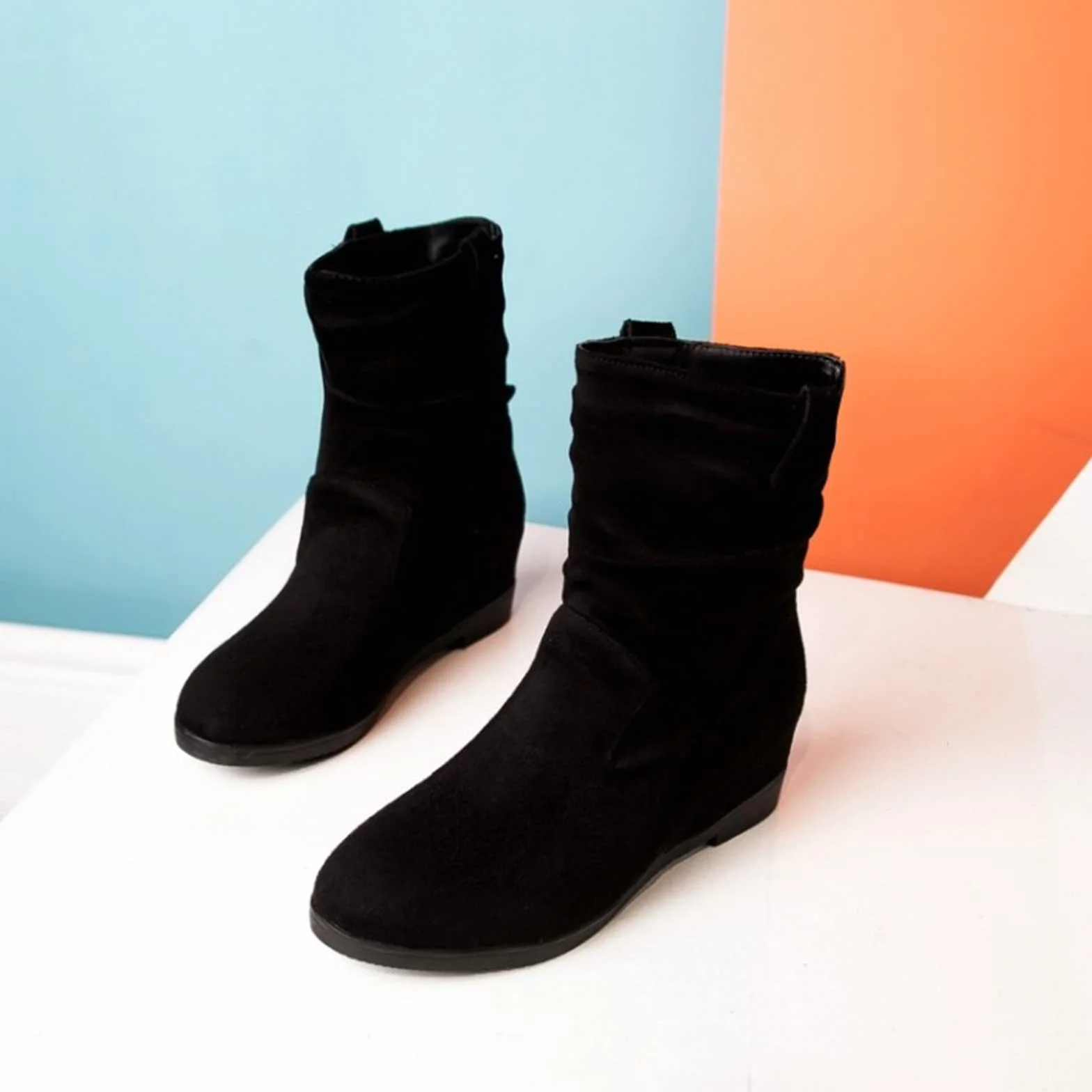 Cocila Botas Casuales De Cabeza Redonda Plisada Ante Color Sólido A La Estilo Británico para Mujer Camperas Blancas Altas Invierno Planas Barefoot Botines Tacon Fino Bajo Planos Pitillos Lluvia