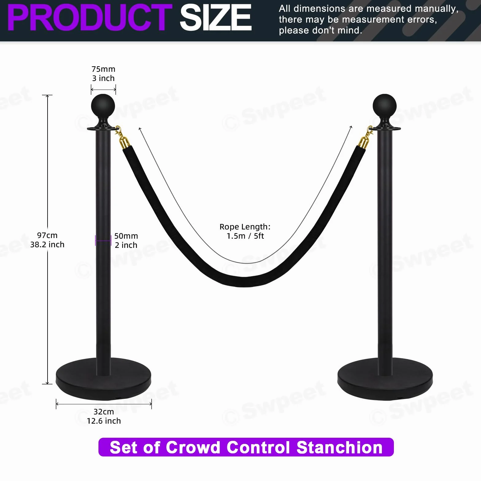 Swpeet 34Pcs Black Stanchion Post Queue Kit con Cuerda de Terciopelo Negro 5 Pies, Postes 38 Pulgadas, Base Metálica