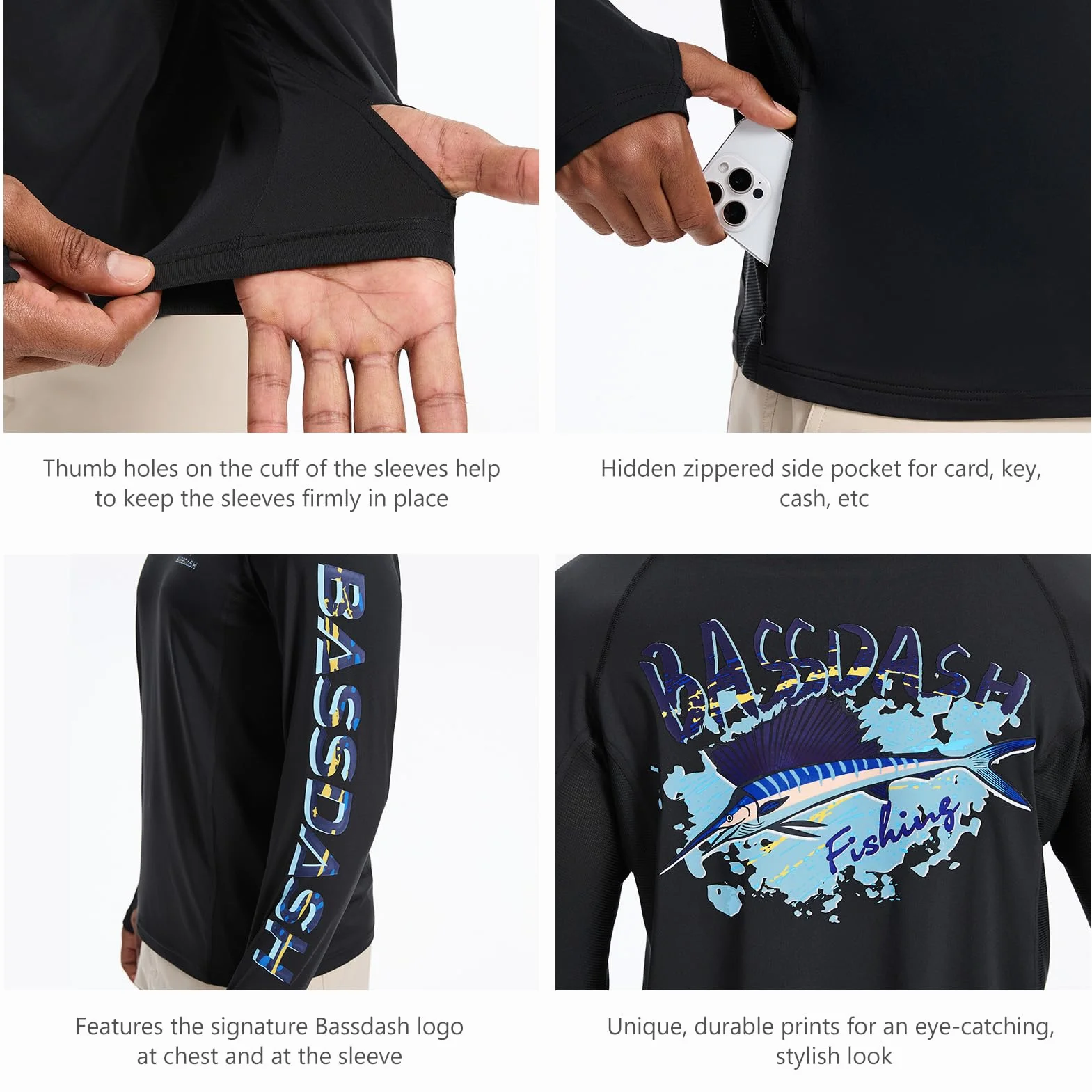 Bassdash Sudadera con Capucha Hombre con Mascarilla, UPF 50+, Estampado de Pesca, Manga Larga, Tejido Técnico Transpirable y Secado Rápido, Modelo FS47M